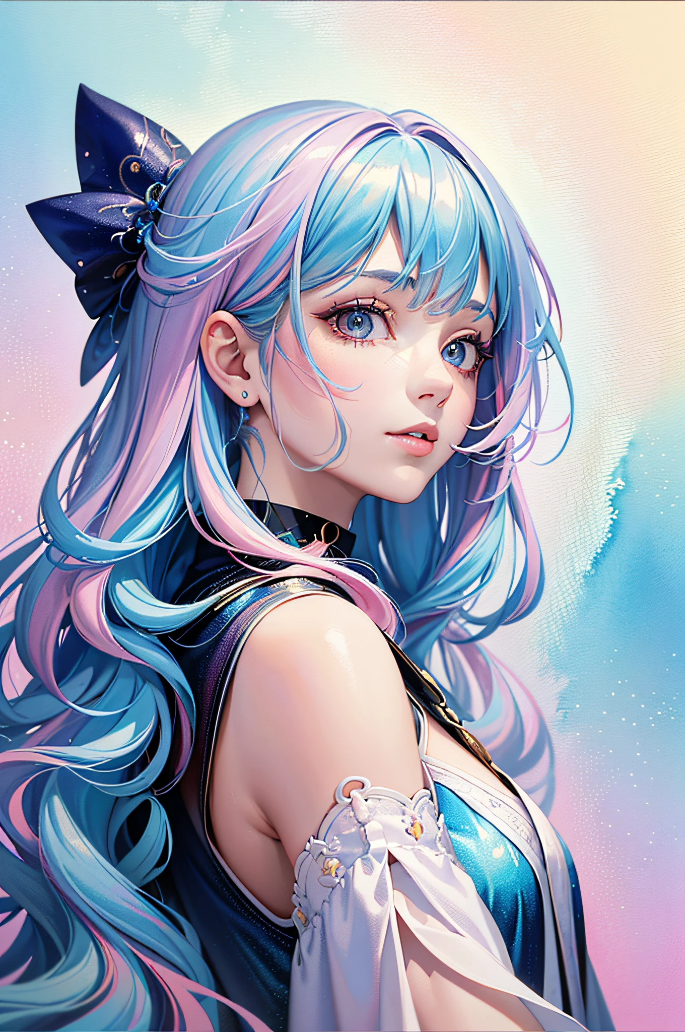 (Masterpiece, Top Quality, Best Quality, Watercolor (Medium), Official Art, Beauty and Aesthetics: 1.2), (1girl: 1.3), (Fractal Art: 1.3), Close-up, Looking from the side, looking at the viewer, pattern, (iridescent hair, Colored hair, half blue and half pink hair: 1.2), water, liquid,
