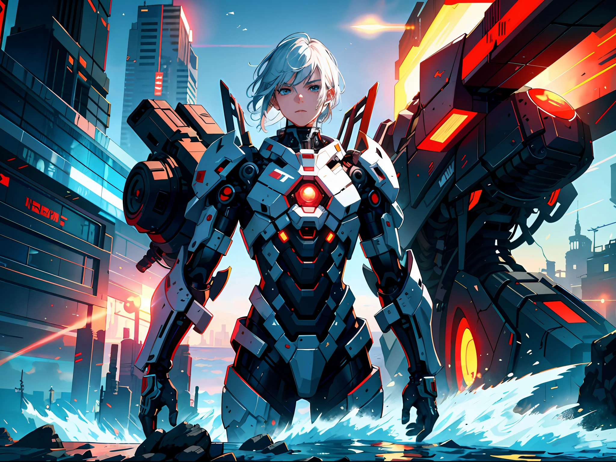 HD clear, best images, illustrations, super detailed, a young ager in a cyberpunk style (white combat suit), detailed face, and facial features, standing on the seaside pier, revealing a deep breathing expression, behind him is a huge red mech