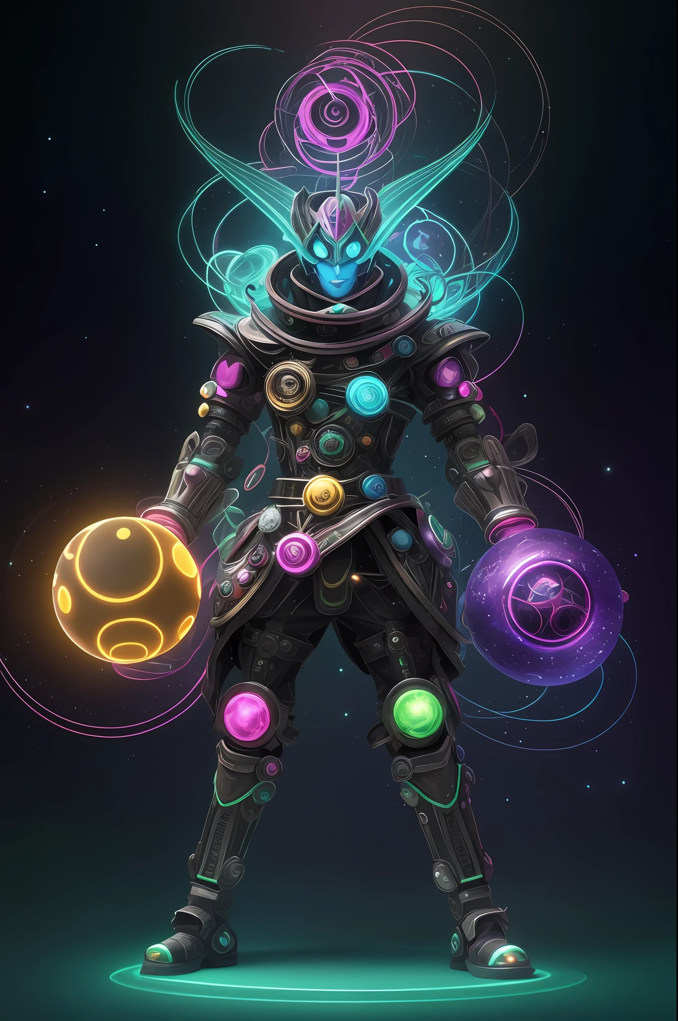 Carnivalesque, breathtaking freaky weirdpunk character fantasia of the imagination, 3D Cartoon Cool Robot, MLBB Style, standing in the middle of a swirling vortex of a surrounding Spiral Galaxy and golden stars and multicolor Orbs, Crazy Caricature, Royality, holding a bioluminscent Multicolor orb between his Fingers, wearing Sunglasses, dancing, metallic Texture, Neon Light, Unreal Engine 5, light dark Neon Background, hyperrealistic, hyperdetailed, Multicolor powder splash Background, Lumitronic effect, magical lights, very cute , by Tim Burton, --auto --s2