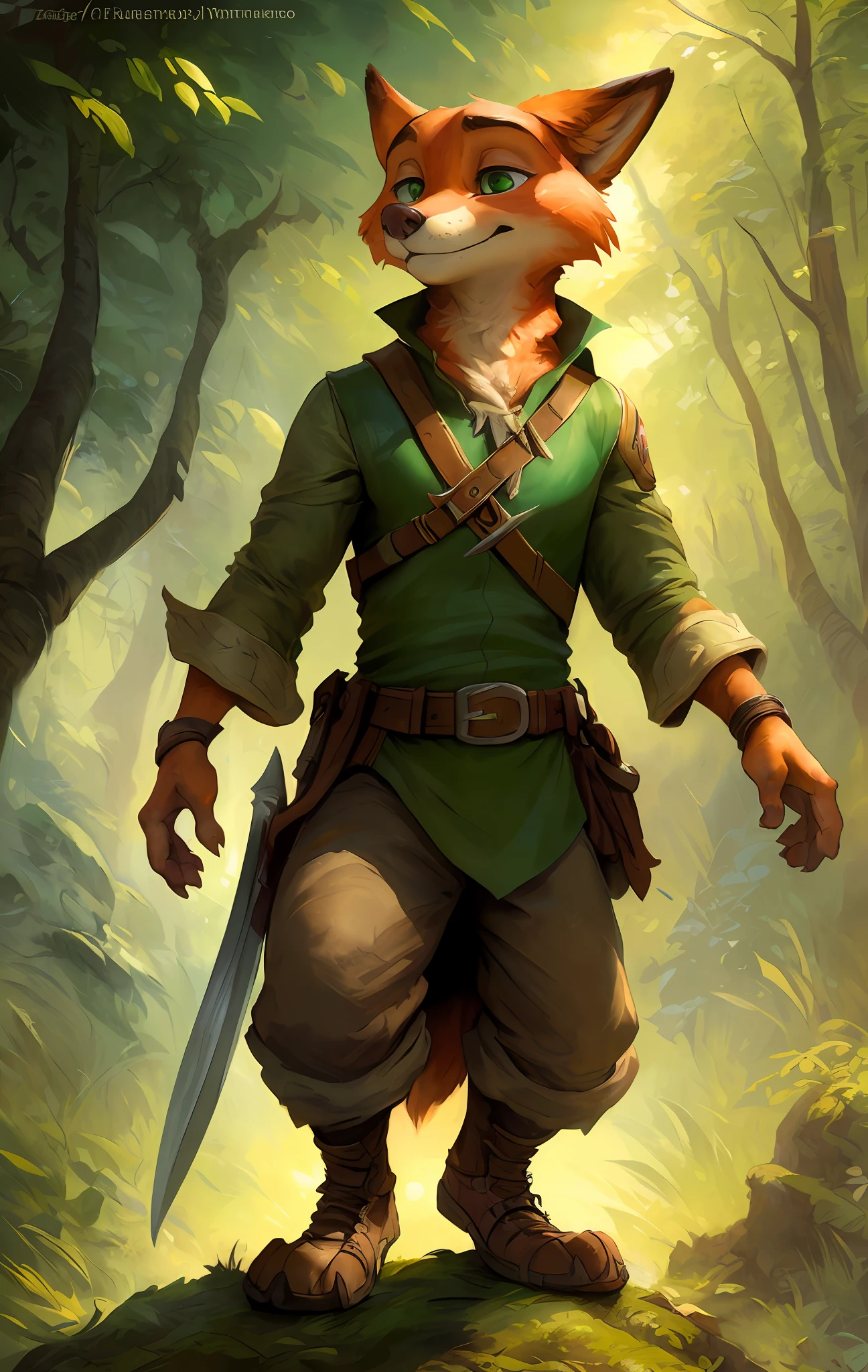 kenket, ross tran, ruan jia, bonifasko, a full size shot of a one character mighty male Nick Wilde made out of (wandering ranger), emerald eyes, orange fur, white, fantasy portrait, finely detailed brown tunic, intricate design, double blades, silk, cinematic lighting, 4k,
