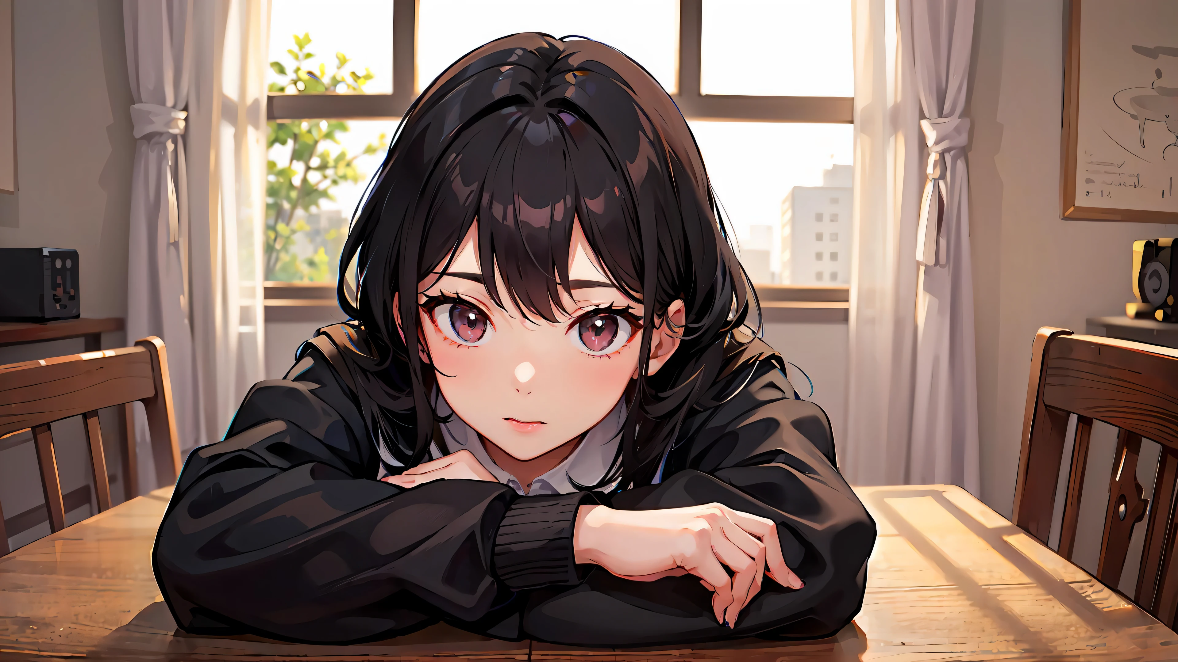 ((masterpiece,best quality)),1girl,black hair, school uniform, indoors, classroom, glowing, sidelighting,