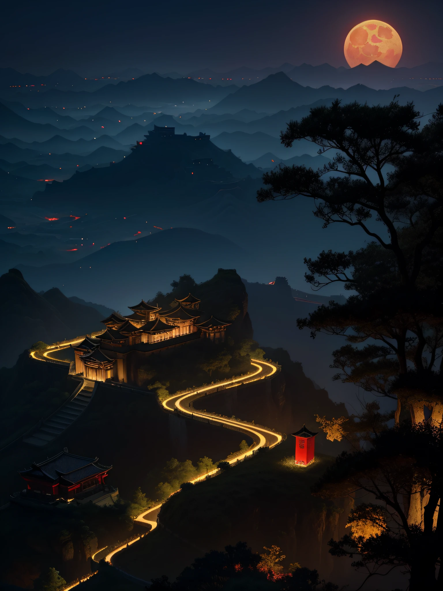 official art, ancient china, ancient cityscape, castle, (lots of fireflies), (night), (moon), lights, red light spot, beautiful landscape, magnificent landscape, realistic lights, masterpiece, high quality, beautiful graphics, high detail, global illumination, unreal engine rendering, octane rendering, (HDR: 1.3)