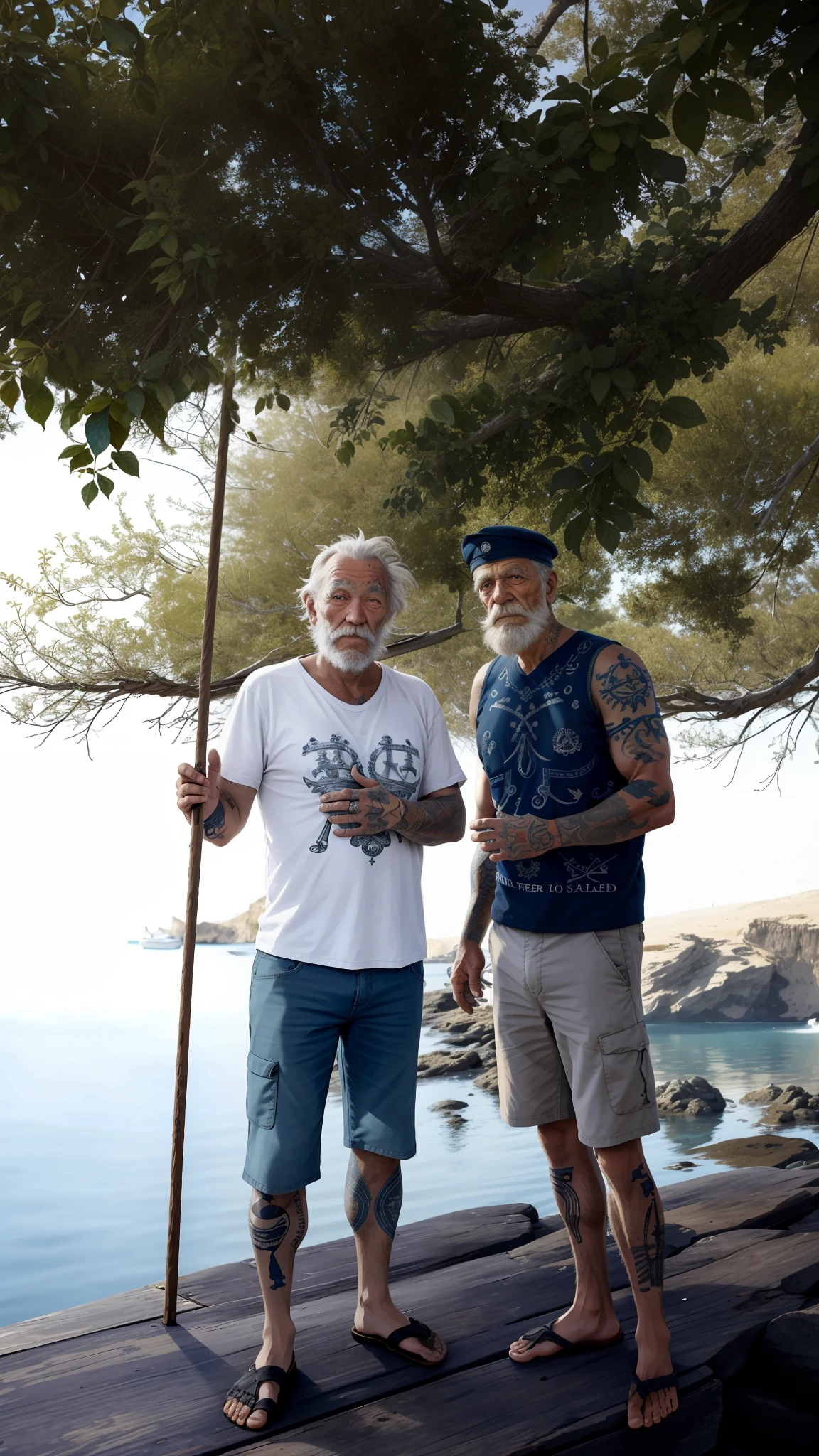 A captivating portrait of a wise and weathered old sailor, adorned with nautical tattoos and a rugged expression that tells tales of countless voyages.