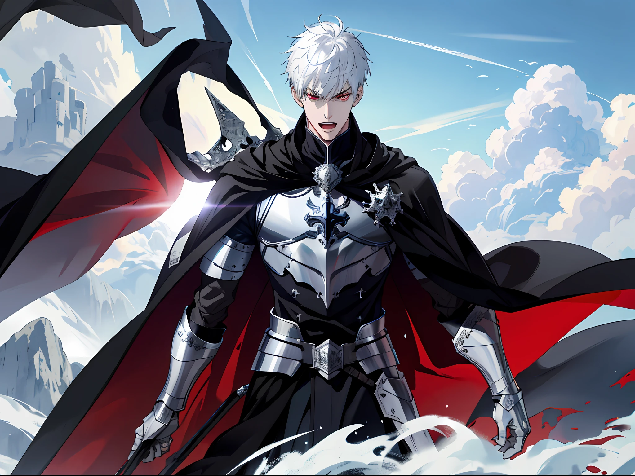 (ridiculous, high resolution, super detailed), (panorama), (1 male), tall, wearing silver armor, black cape, red eyes, evil charm, white back short hair, medieval wind, square, (surprised), open mouth, fear, sky, white clouds,