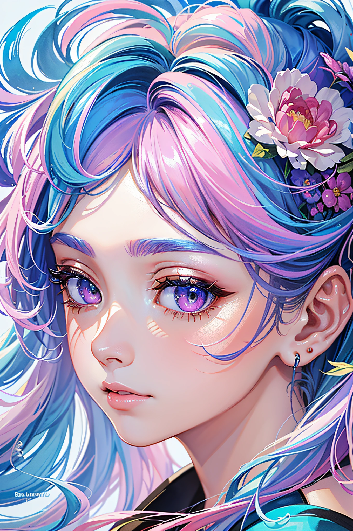 (Masterpiece, Top Quality, Best Quality, Watercolor (Medium), Official Art, Beauty and Aesthetics: 1.2), (1girl: 1.3), (Fractal Art: 1.3), Close-up, Looking from the side, looking at the viewer, pattern, (iridescent hair, Colored hair, half blue and half pink hair: 1.2), water, liquid,