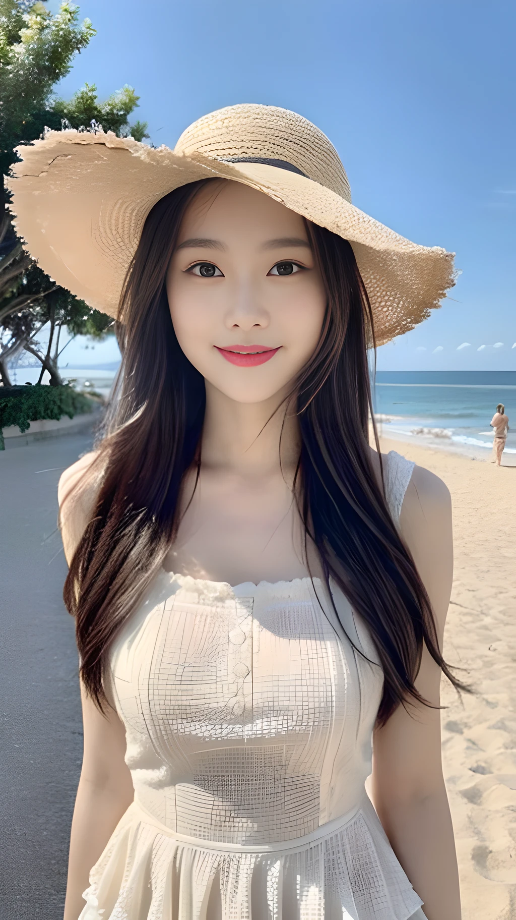 ((Best Quality, 8K, Masterpiece: 1.3)), (Sunscreen Straw Hat: 1.3), Focus: 1.2, Perfect Body Beauty: 1.4, Buttocks: 1.2, (Layered Haircut: 1.2)), (Dark Street: 1.3), Highly detailed face and skin texture, Full body, Fine eyes, Double eyelids, Whitened skin, Long hair, (Round face: 1.5), (Dress: 1.6). Smile by the sea