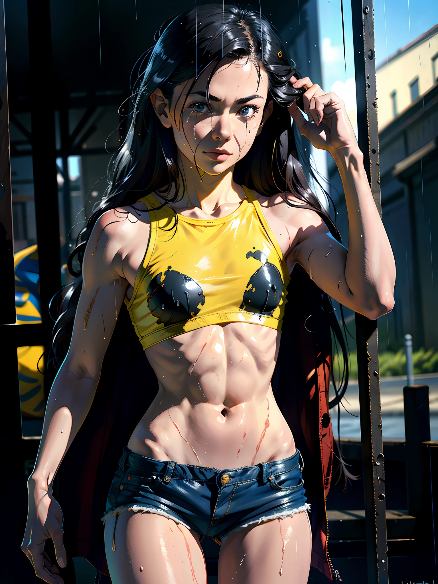 illustration, (smile,:1),(raining,wet,splash:1.3), (string,abs,small breasts,:1.1),(thin transparent, wet clothes,sfw),thighs, battlefield, (slim, fit,flat chest, petite,ukranian,) photo realistic, high definition, detailed realistic, detailed, hyper detailed, realistic skin texture, ultra high resolution, high resolution,flag painted, (masterpiece, best quality), face tears,