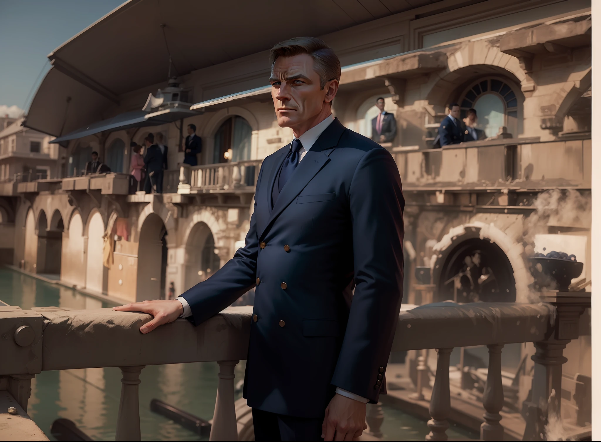 James Bond is the commander of the Royal Navy and looks great in a double-breasted navy blazer with sea connections. Lazenby wears a six-button, three-prong blazer paired with a pink shirt and knit tie. It is an elegant and timeless coordination. --auto --s2