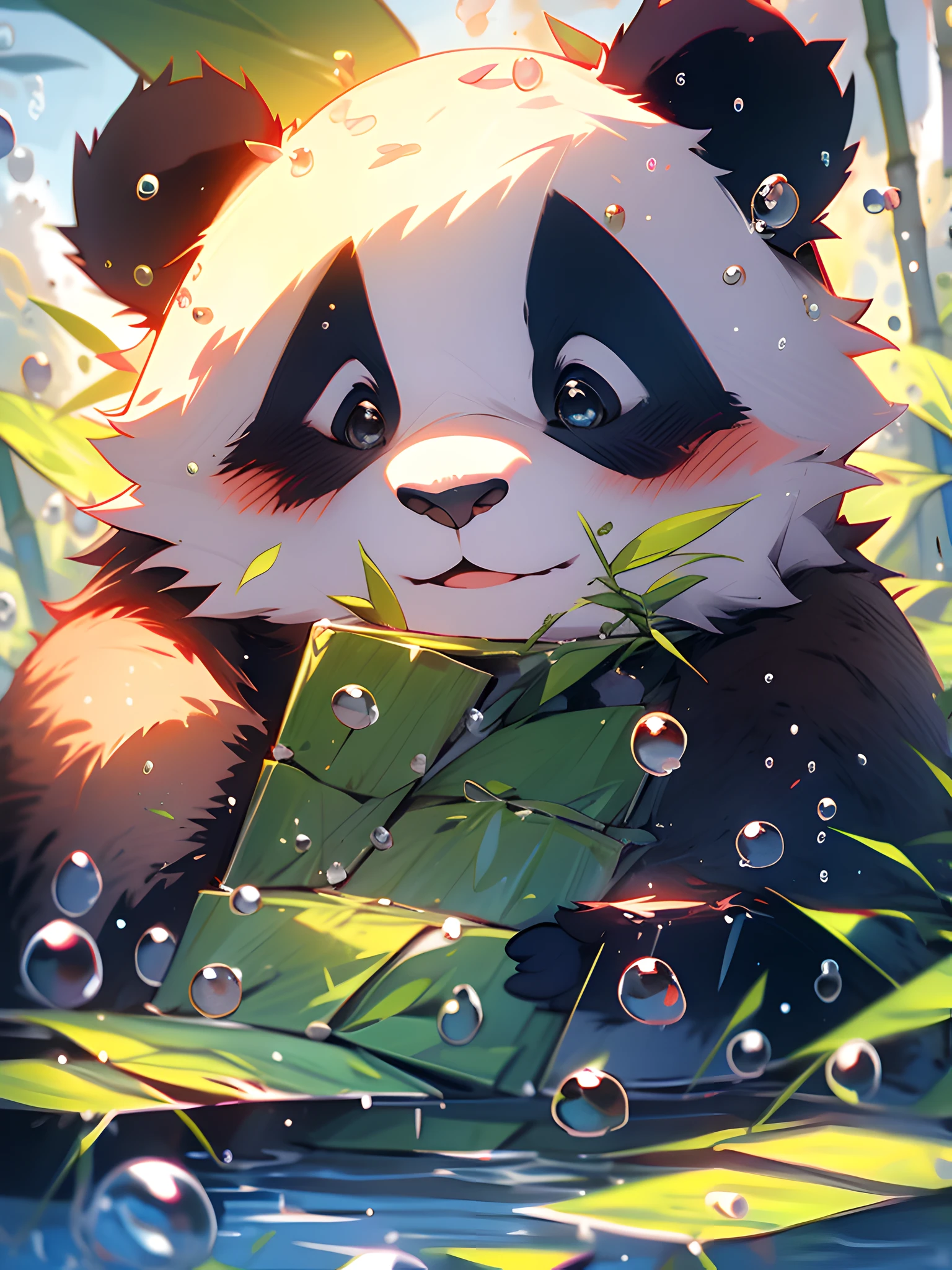 1 cute panda, face closeup, portrait, furry, leaves, no man, water, blisters, bubbles, more details, rich colors, cute smile, best quality, 8K, high saturation