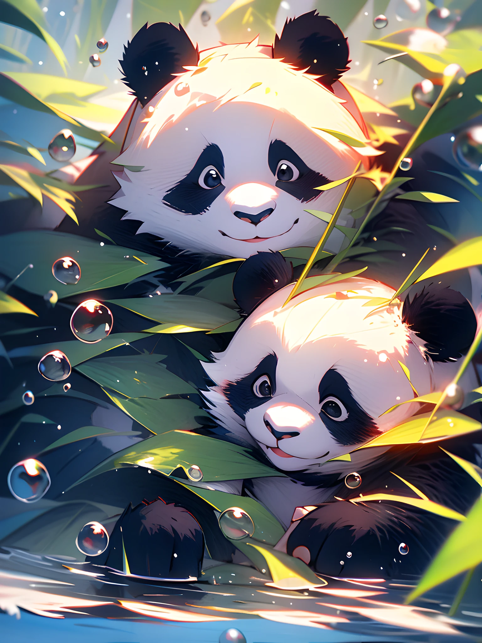 1 cute panda, face closeup, portrait, furry, leaves, no man, water, blisters, bubbles, more details, rich colors, cute smile, best quality, 8K, high saturation