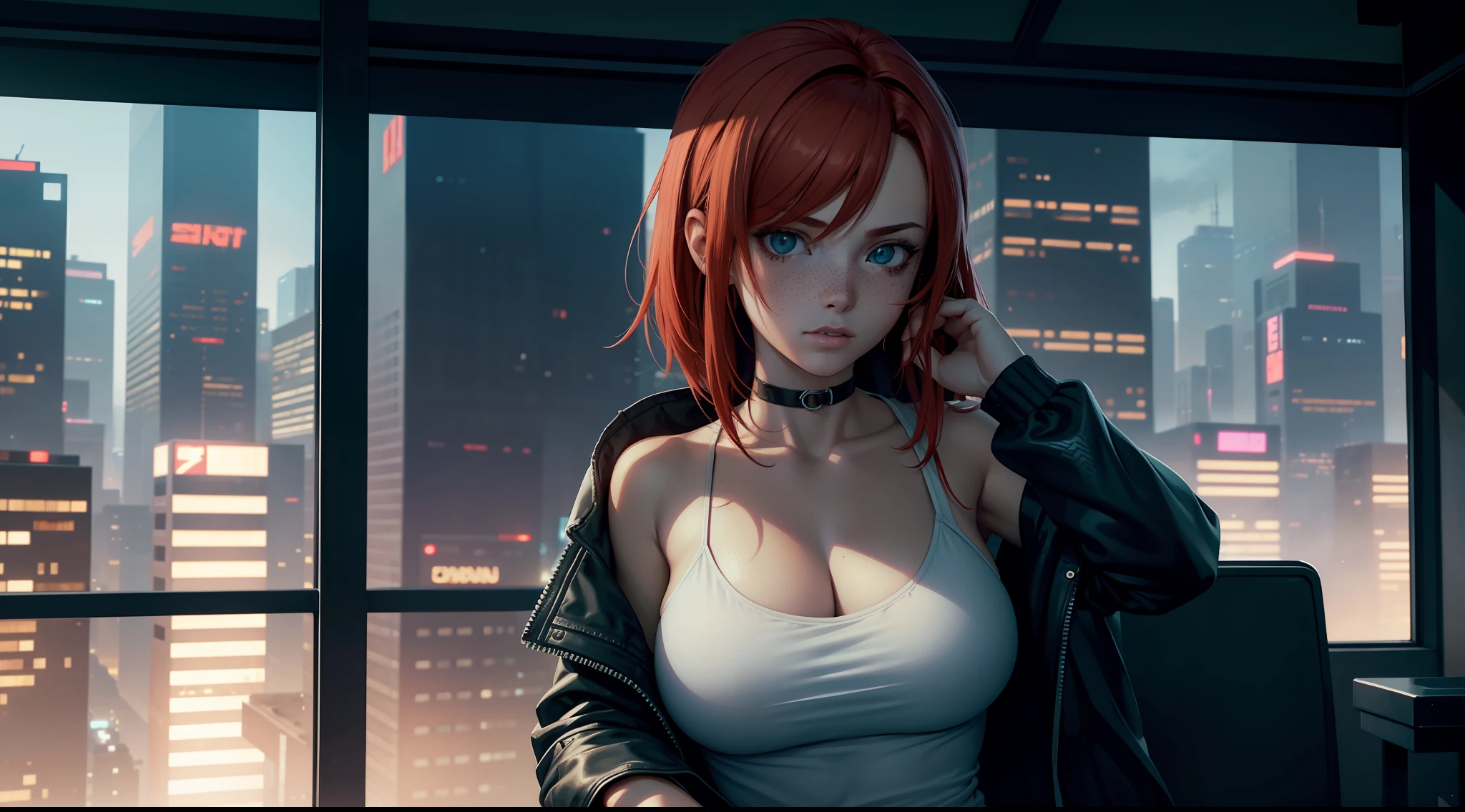 award-winning photo from waist up, portrait of a girl, redhead, freckles is sitting on a balcony, cyberpunk white shirt with V-neckline, breast visible through white T-shirt, slate atmosphere, cinematic, faded colors, dark shot, no sound colors, grainy film, insane details, intricate details, hyperdetailed, close-up, twilight, cyberpunk city background