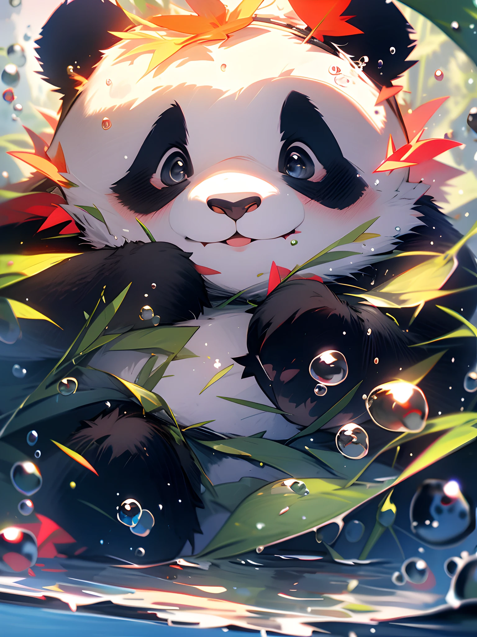 1 cute panda, face closeup, portrait, furry, leaves, no man, water, blisters, bubbles, more details, rich colors, cute smile, best quality, 8K, high saturation