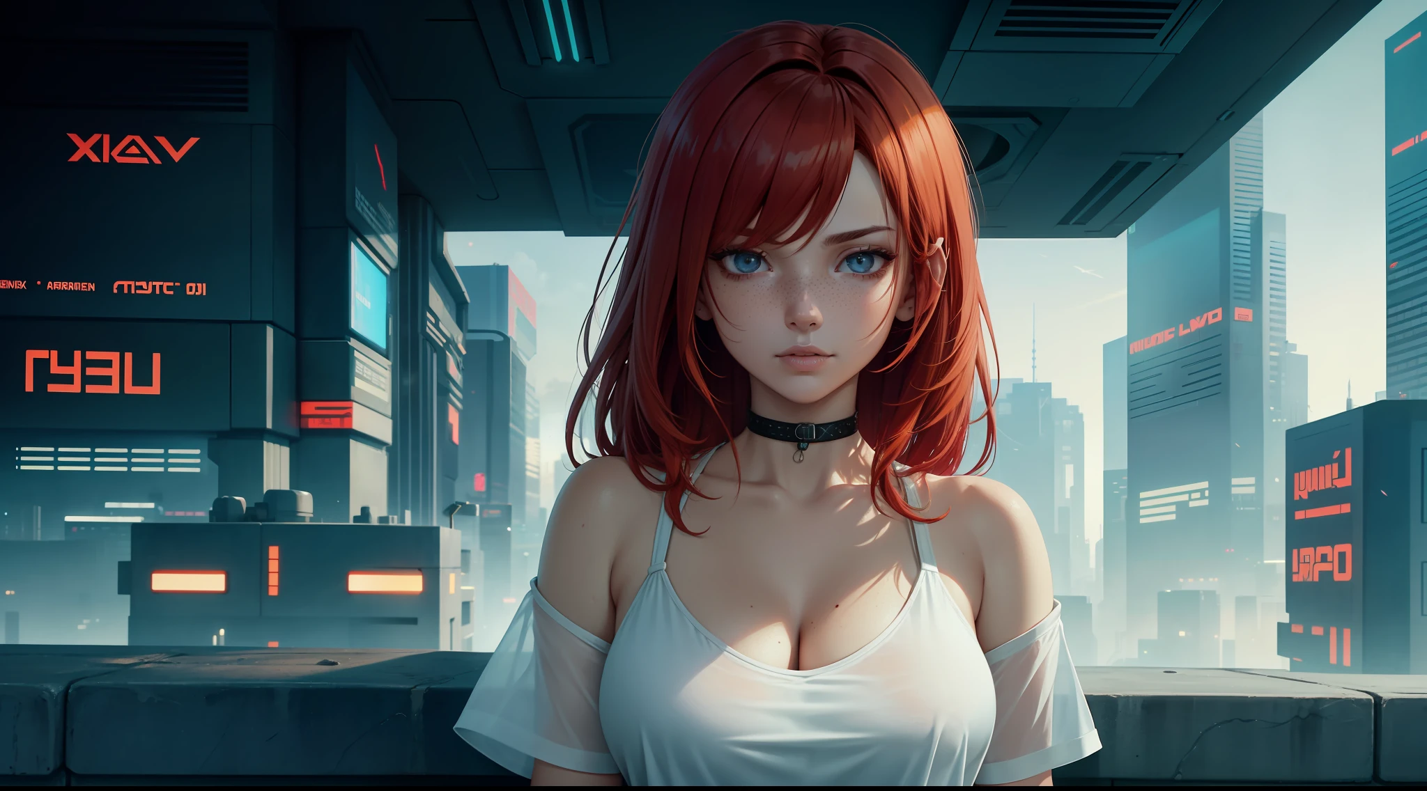 award-winning photo from waist up, portrait of a girl, redhead, freckles is sitting on a balcony, cyberpunk white shirt with V-neckline, breast visible through white T-shirt, slate atmosphere, cinematic, faded colors, dark shot, no sound colors, grainy film, insane details, intricate details, hyperdetailed, close-up, twilight, cyberpunk city background