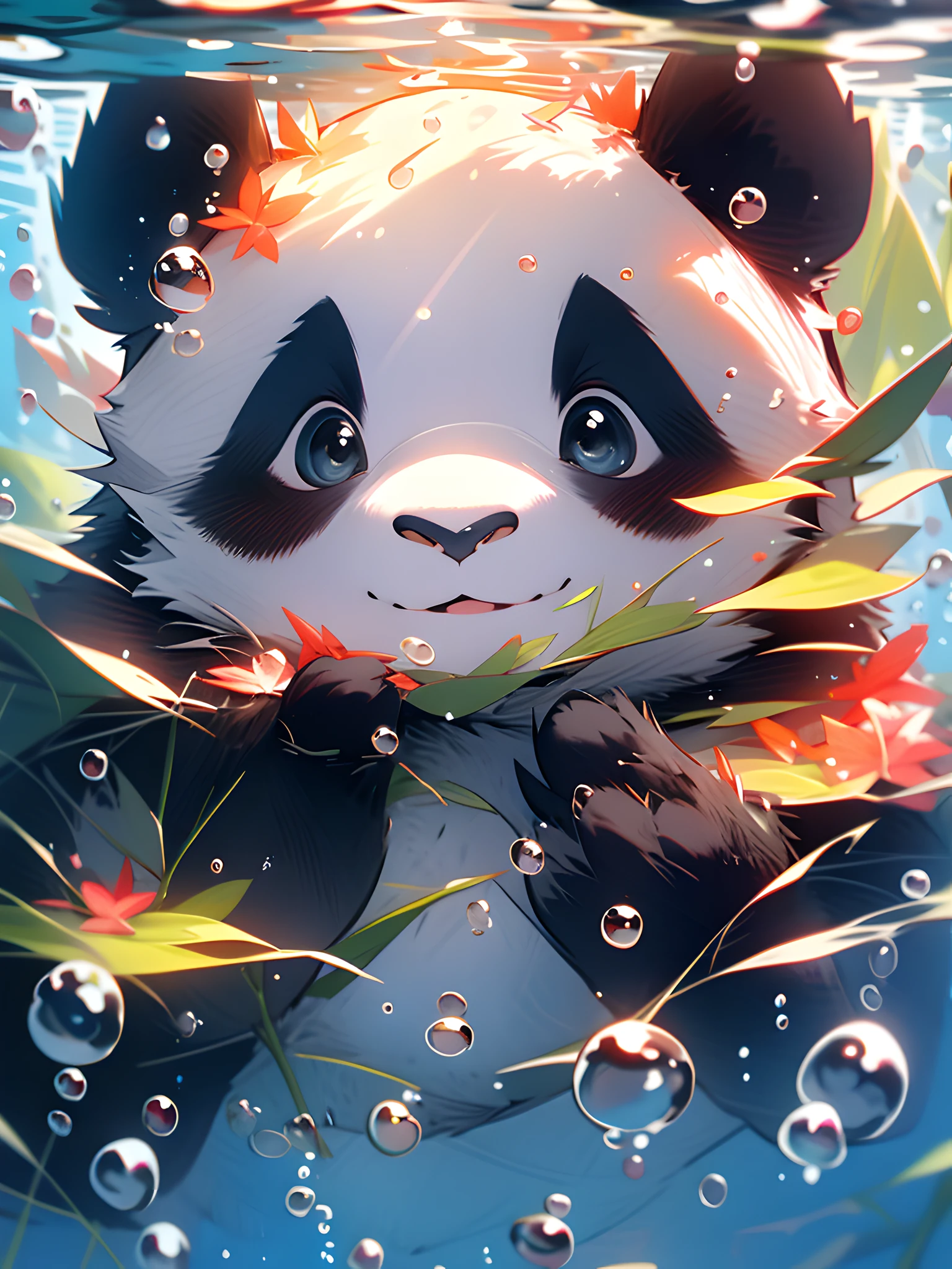 1 cute panda, face closeup, portrait, furry, leaves, no man, in the water, underwater, swimming, blisters, bubbles, more details, rich colors, cute smile, best quality, 8K, high saturation