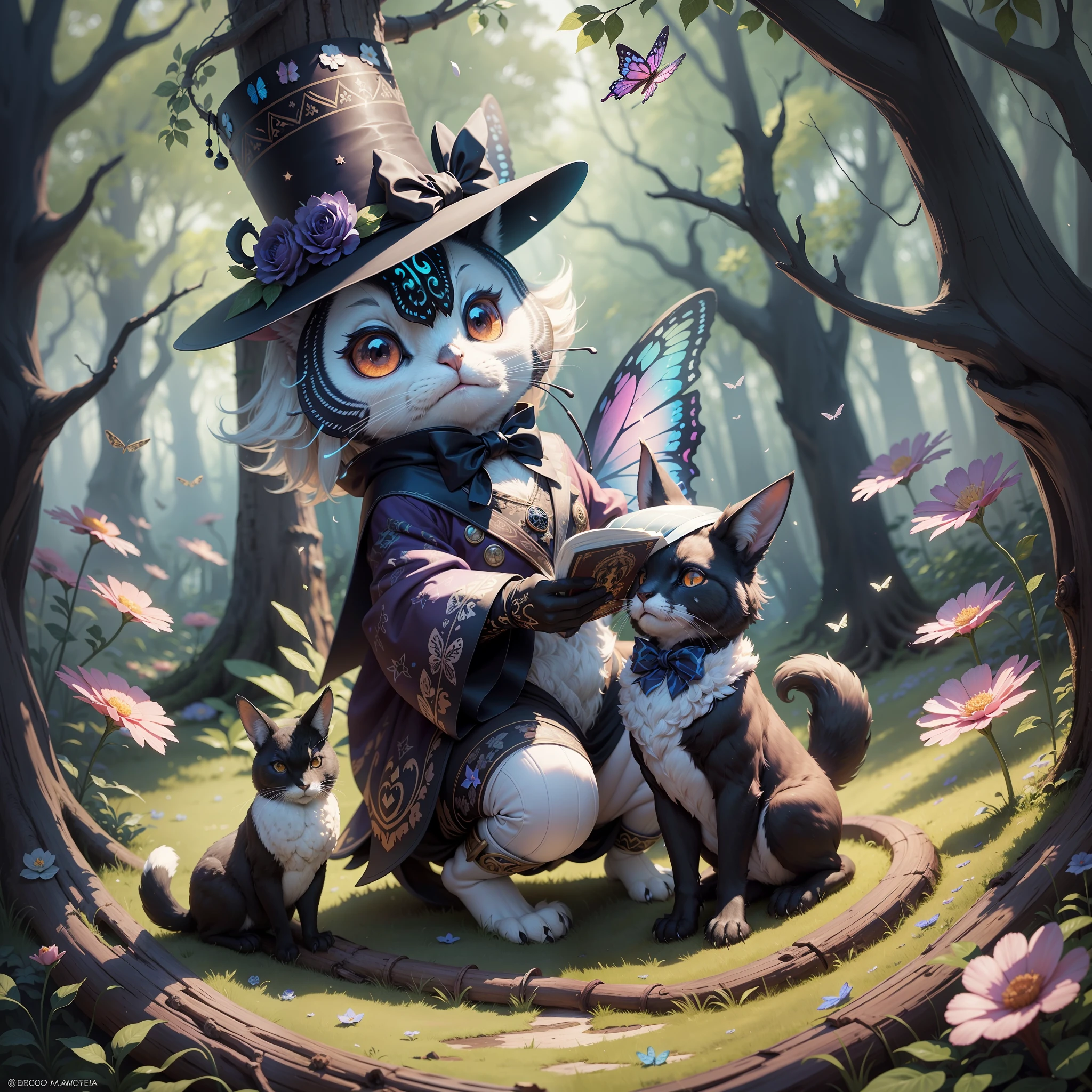 A magical setting with animals in verse, where a rabbit with a magic top hat jumps over giant mushrooms while a black cat with glowing eyes reads a book of poetry. A wise owl stands on a tree branch above them, while a cunning and curious fox looks around. The colors are vibrant and the details are playful, like magical flowers that shine like stars and tree leaves that look like butterfly wings. --auto --s2