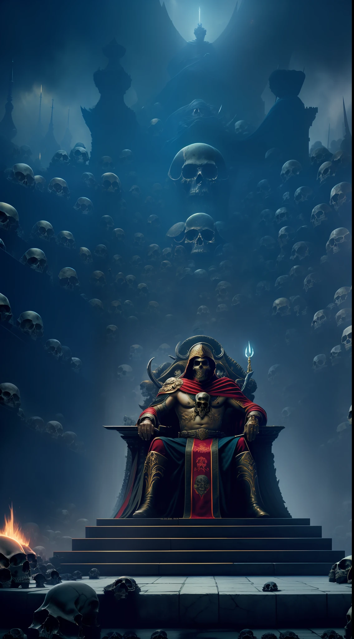 (masterpiece, UHD, illustration, detailed:1.3, Greg Rutkowski's style), powerful Tamerlane, seated on a throne, (intense stare:1.2), intricately designed royal attire. Looming in the background, a (massive pile of skulls:1.4), grim reminder of his brutal reign, somber colors, imposing shadows, starkly realistic style.