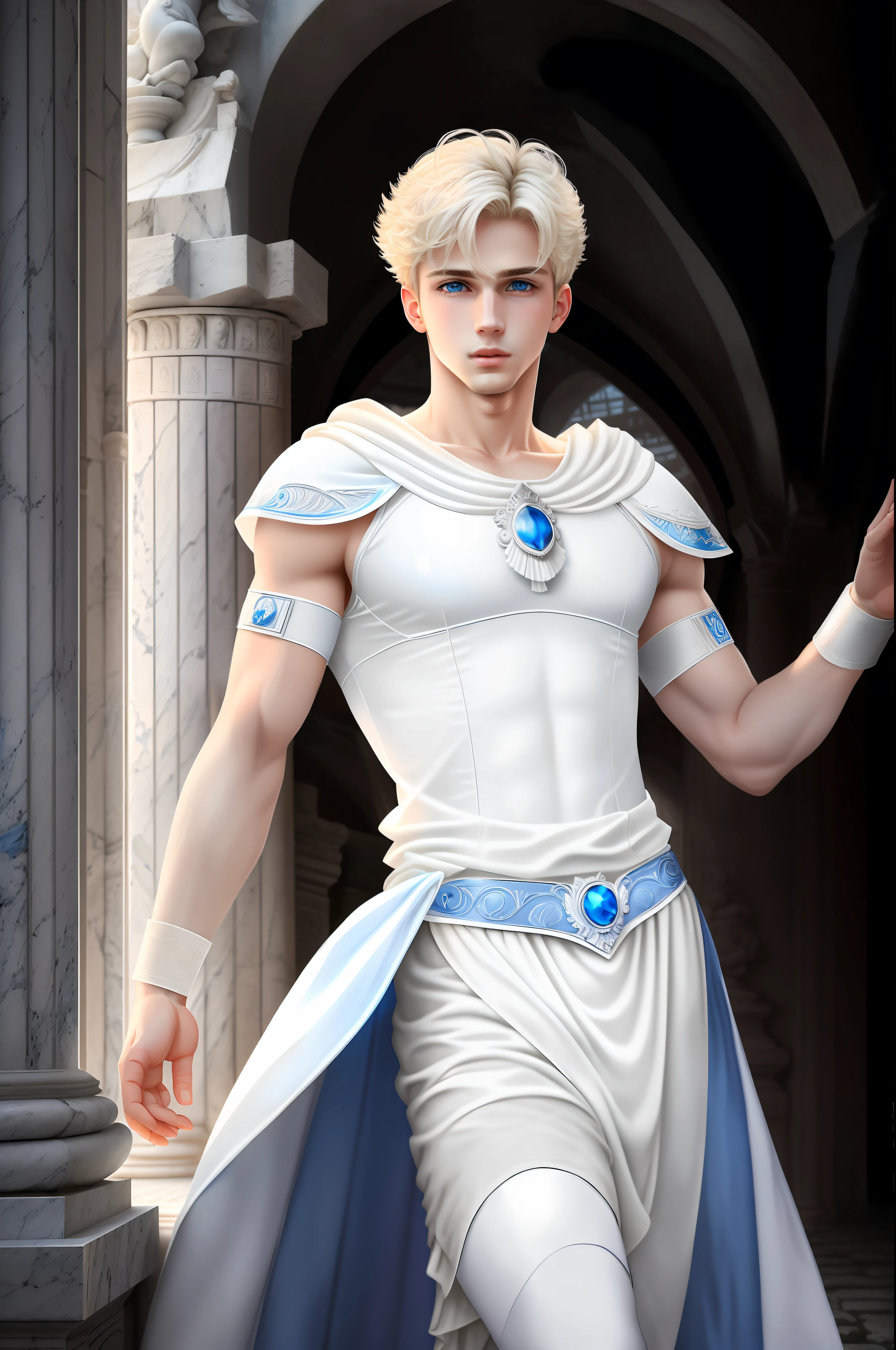 masterpiece, best quality, effeminate roman boy blond cutest in the world, feminine, delicate, blue eyes, around 16 to 20 years, super cute, dynamic pose, model, cool and seductive, dramatic lighting, sexy, white costume of ancient rome, submissive