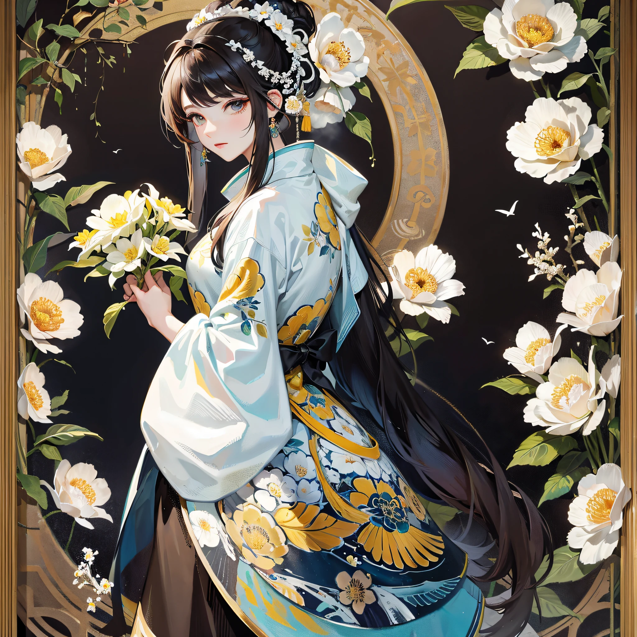 Classical beauty, ink painting, flowers, birds, Tang dynasty The background is closer to the natural landscape, painting style ink painting --auto --s2