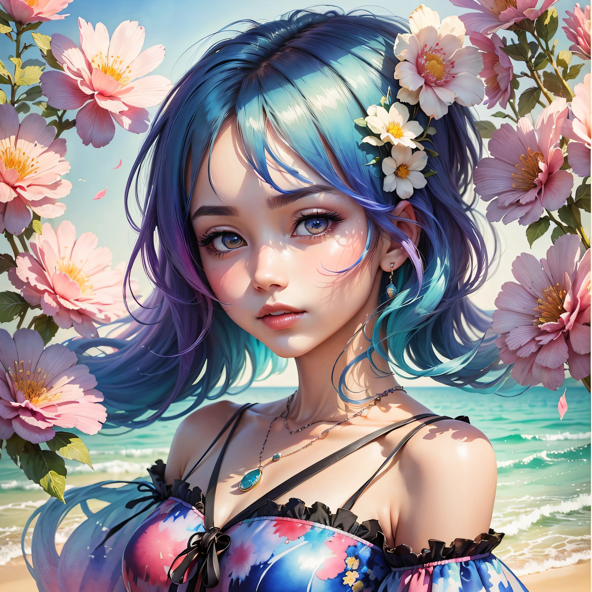 (Best Quality), (Masterpiece: 1.2), (Colorful: 0.9), (Ink Splash), (Color Splash), (Watercolor)), Sharp Focus, (Portrait Summer Goddess: 1.5), Elegant Look, Elegant Pastel Haircut, Beautiful and Detailed Face and Eyes, Elegant Clothes, Summer Sea Background, Colored Water --auto --s2
