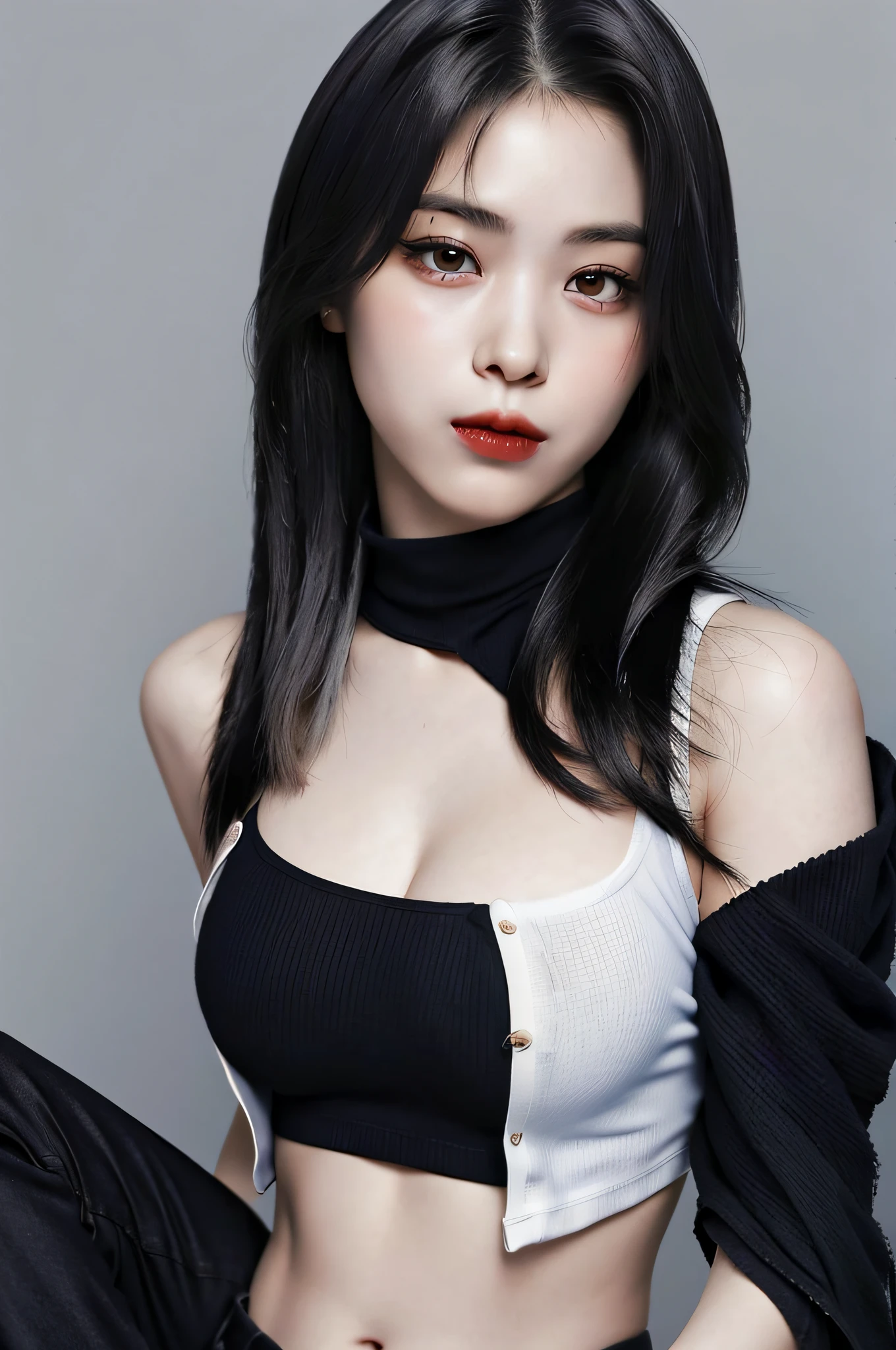 Girls, Bangs, Bare Shoulders, Black Pants, Breasts, Breasts squeezed together, Grey background, Hair between the eyes, Huge breasts, Long hair, View Viewer, Pants, Parted lips, Red eyes, Shirt, Simple background, Sleeveless, Sleeveless shirt, Solo, Turtleneck, V arm, White hair,(Shiny skin),(Masterpiece:1.4),(Best quality:1.4),,Facigirl,Red lips,Perfect abs, belly button, (nipple: 1.5), (sheer areola), nipple, huge, sweat,