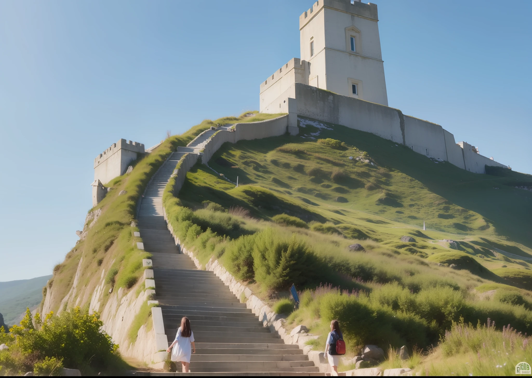 Woman descending stairs to Castelo Branco on Isle of Heaven
