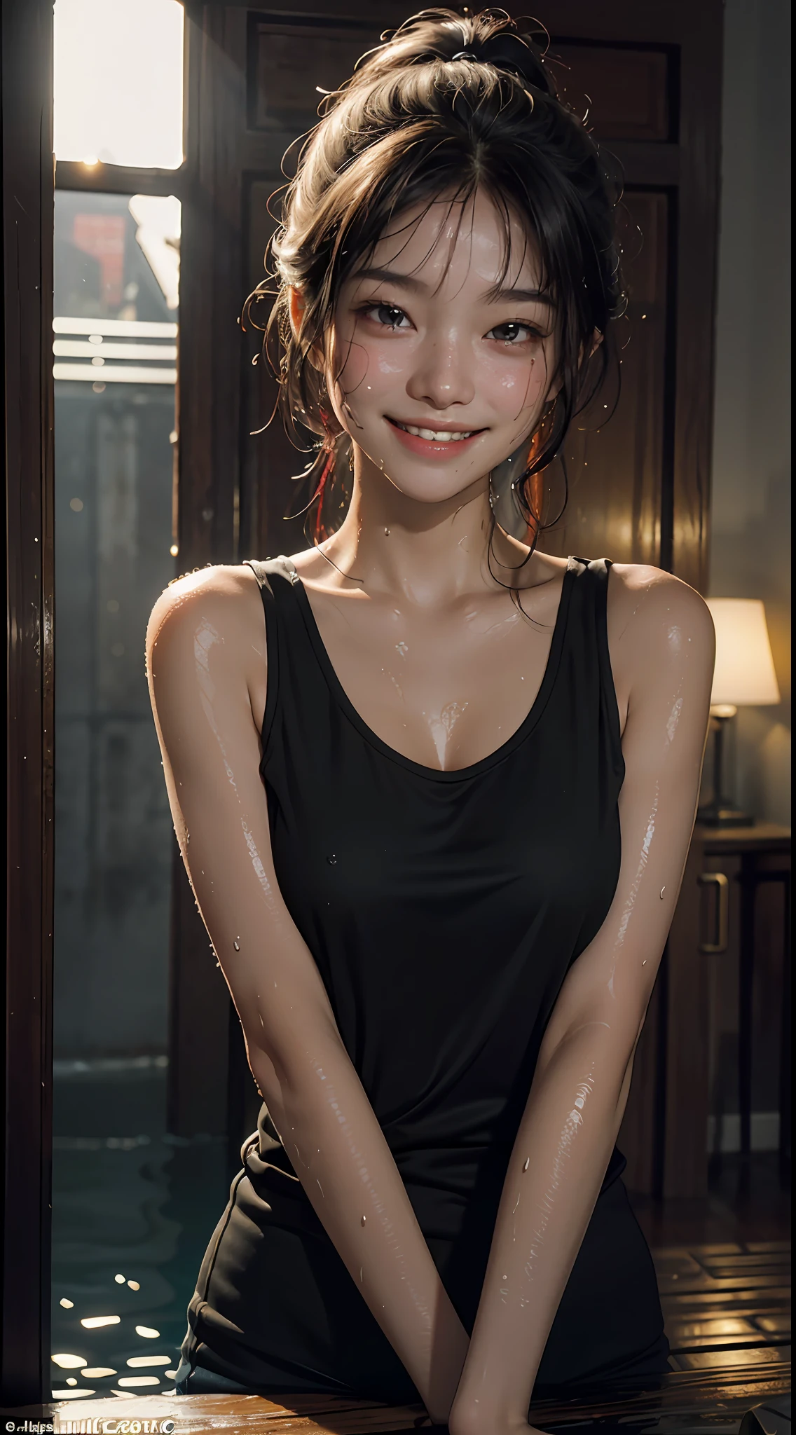 Top Quality, Masterpiece, Ultra High Definition, (Reality: 1.4), Original photo, 1Girl, Cinematic lighting, Smile, Bright, Photolike,Skin is wet, Sweaty, Red face