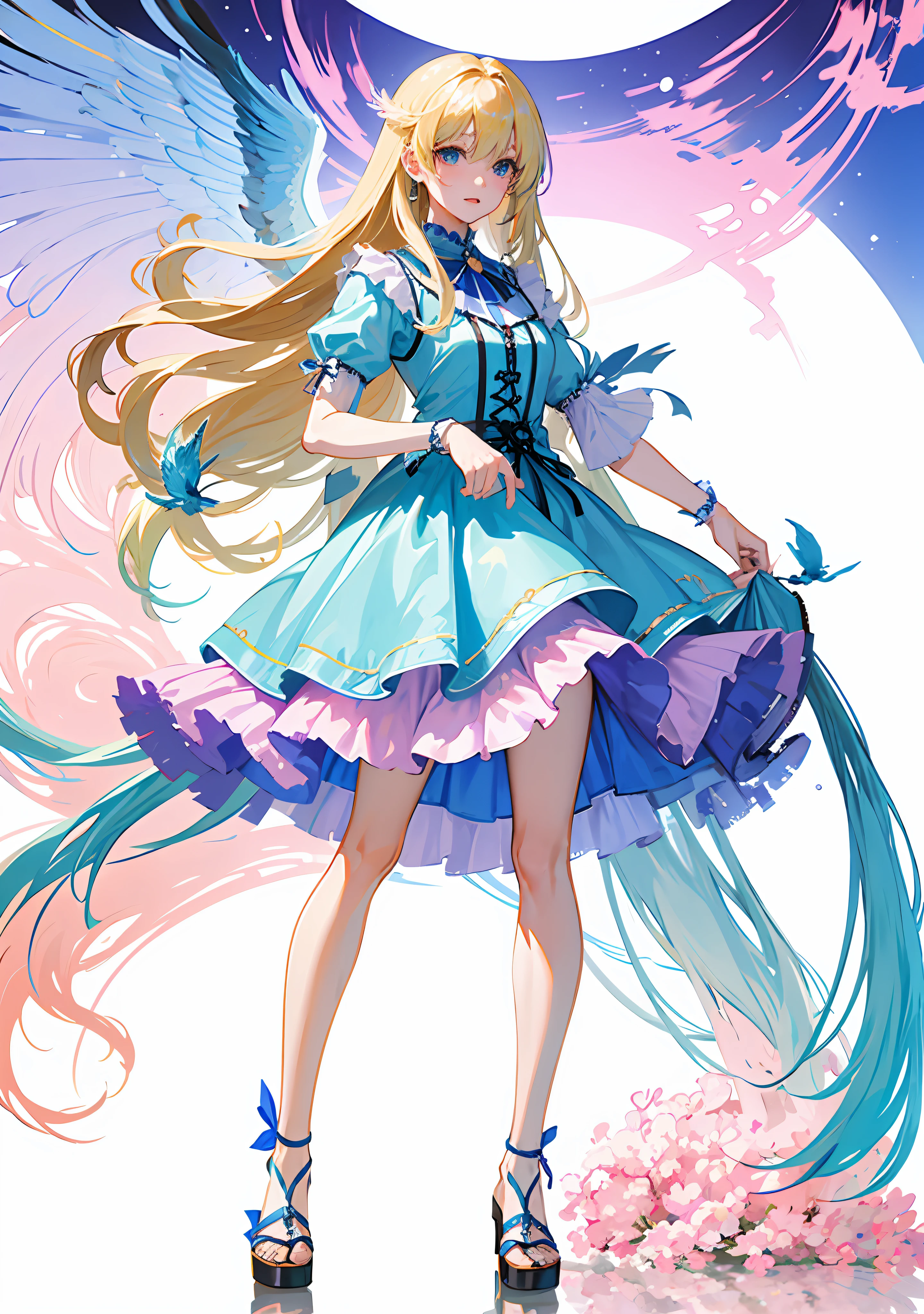 anime girl with long hair and blue dress holding a bird, cute anime waifu in a nice dress, digital art on pixiv, anime goddess, blonde anime girl with long hair, beautiful anime artwork, beautiful anime art style, beautiful anime art, full - body majestic angel, with beautiful wings, high detailed official artwork, beautiful fantasy anime, pixiv style