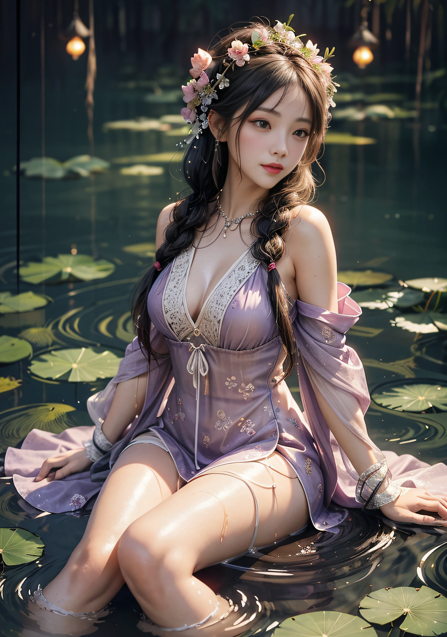 Sitting next to the lotus, red lanterns in two rows of the lake, feet playing in the water, art depicts a charming woman, smiling, 2 hands, 2 legs, delicate face, 2 braids, normal face, dressed in a flowing, silky traditional oriental dress, light purple, decorated with intricate patterns and bright colors. Her dress drapes elegantly over her curvy figure, accentuating her seductive silhouette. She sits gracefully by the tranquil lotus lake, her feet playing in the water, bathed in the soft glow of the moonlight. The scene exudes an ethereal and dreamy atmosphere, with a touch of mystery and sexiness. The graphic style blends watercolor and digital illustration techniques to evoke a refined beauty and charm. The lights are filled with soft moonlight, casting soft highlights and shadows on her charming features. Bare thighs, big breasts, three-dimensional facial features, sitting, upturned legs, 1 side braid, wet