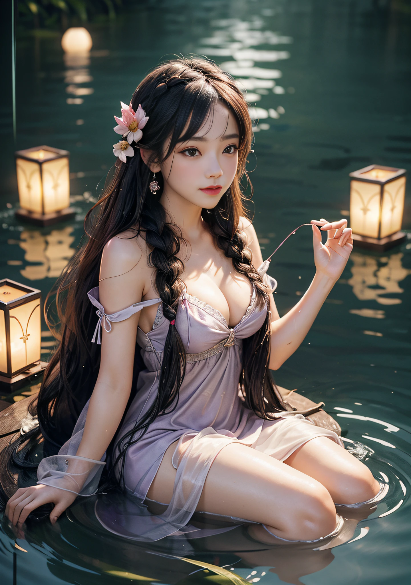 Sitting next to the lotus, red lanterns in two rows of the lake, feet playing in the water, art depicts a charming woman, smiling, 2 hands, 2 legs, delicate face, 2 braids, normal face, dressed in a flowing, silky traditional oriental dress, light purple, decorated with intricate patterns and bright colors. Her dress drapes elegantly over her curvy figure, accentuating her seductive silhouette. She sits gracefully by the tranquil lotus lake, her feet playing in the water, bathed in the soft glow of the moonlight. The scene exudes an ethereal and dreamy atmosphere, with a touch of mystery and sexiness. The graphic style blends watercolor and digital illustration techniques to evoke a refined beauty and charm. The lights are filled with soft moonlight, casting soft highlights and shadows on her charming features. Bare thighs, big breasts, three-dimensional facial features, sitting, upturned legs, 1 side braid, wet