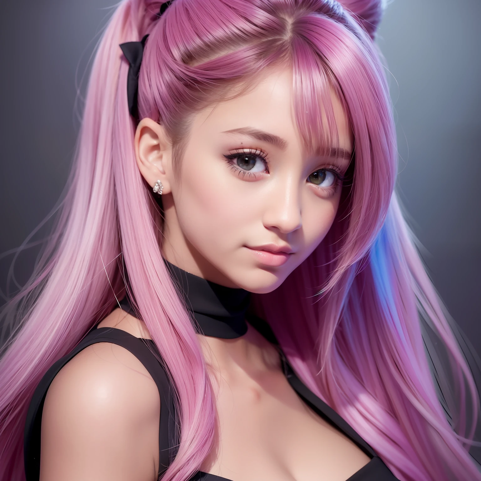 Ariana Grande, taking photos in front of a wall with a colorful gradient, dress, smiling expressions, realistic portraits, Raw simulation style, makes him the focus of the image. Pay attention to details such as highlights and shadows on the face and hair to create a realistic and realistic image. Try different lighting techniques to enhance the mood and atmosphere of your portrait. ((High Detail Skin, Skin Detail)), Clear Focus, Volumetric Fog, 8K Ultra HD, SLR, High Quality, Film Granules, Fujifilm XT3