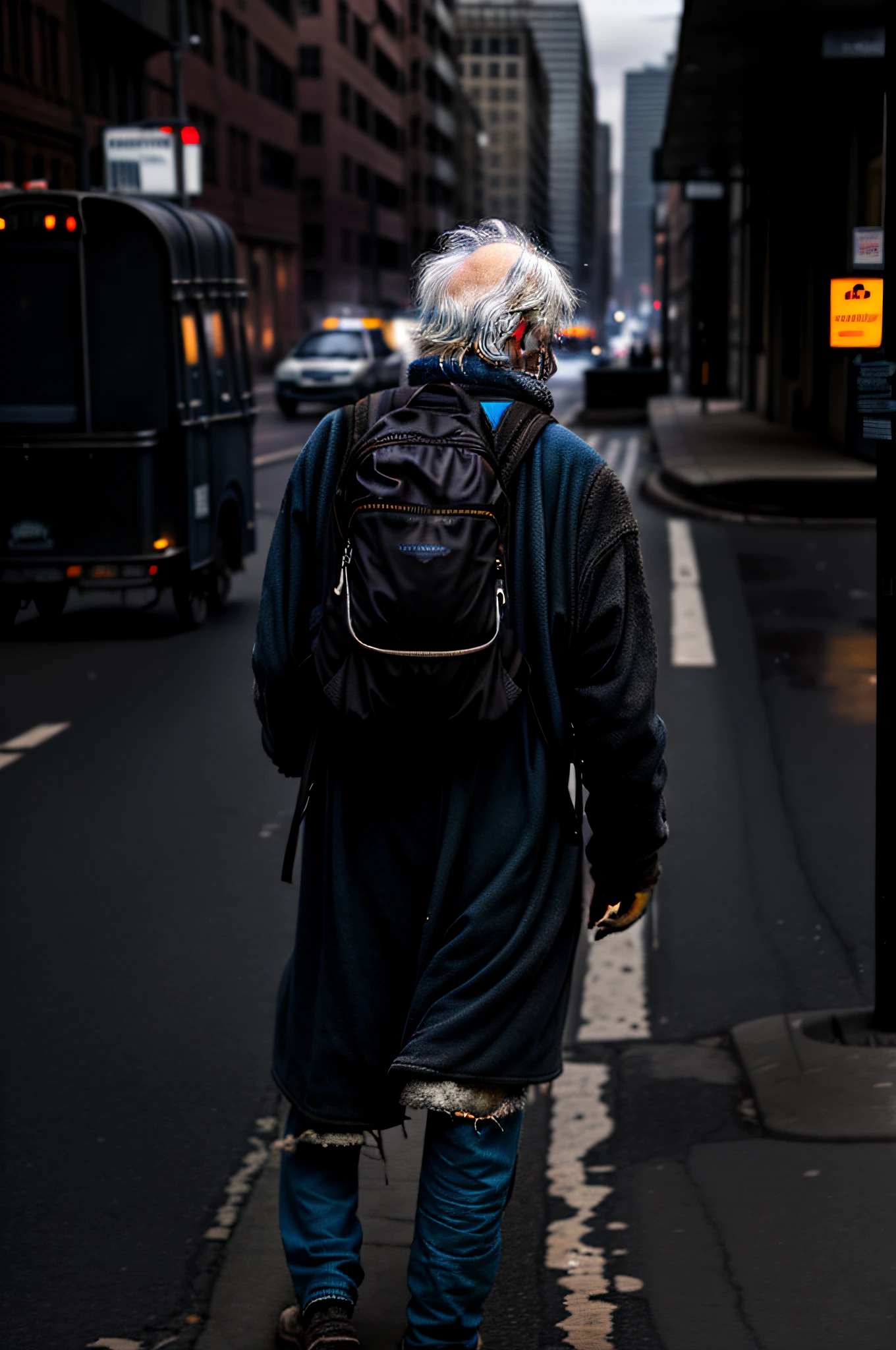 A homeless elderly man walks down a busy street with a sad expression on his face. The man is carrying a worn-out backpack and a tattered coat, and the cityscape in the background adds to the sense of loss and loneliness.