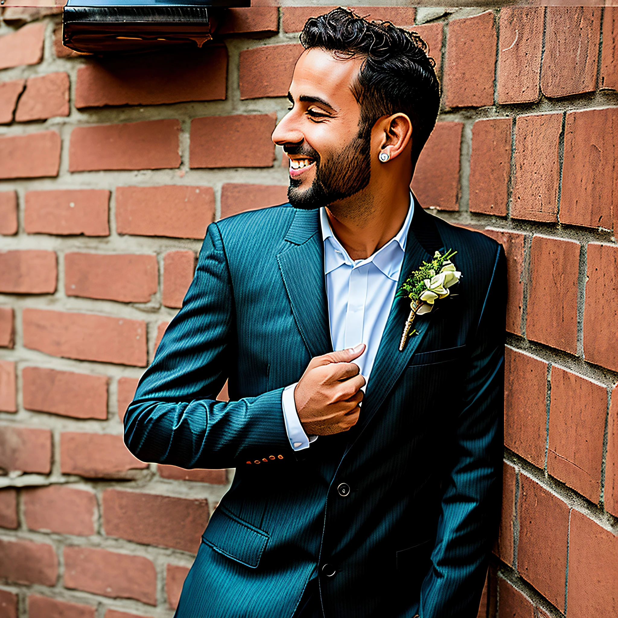 arafed man in a suit and tie leaning against a brick wall, side portrait imagery, laughing groom, doing an elegant pose, groom, detailed portrait shot, candid portrait photo, handsome man, shot with sigma f / 4. 2, shot with sigma f/ 4.2, candid portrait photograph, looking to his side, 7 0 mm portrait