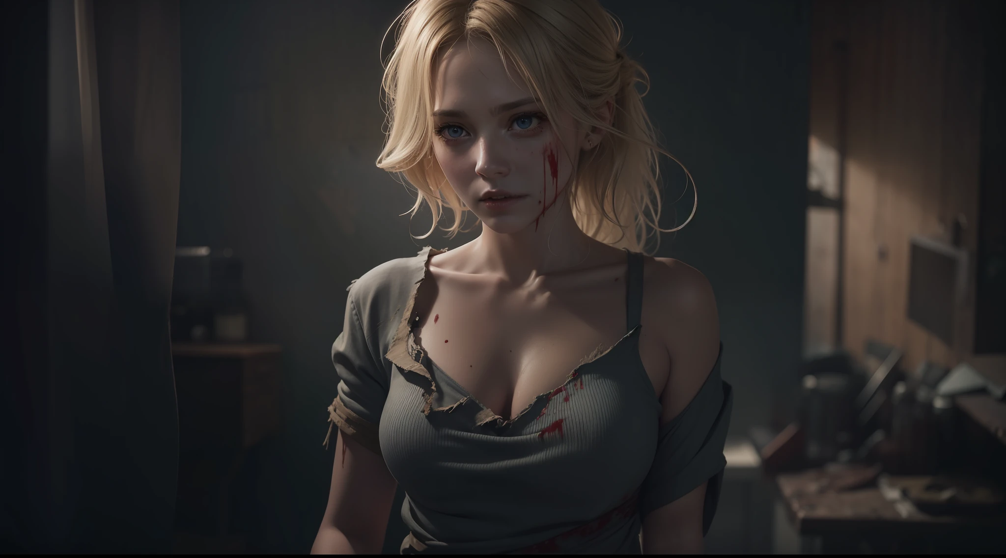 Award-winning photo from the waist up, wide-angle environmental shot of woman, dirty with blood, in messy and disordered shack, dirty with blood, torn shirt tattered, porcelain skin cracked, blonde woman with robust body, hyper-realism, strong impressionist painting style, 1,618, elegant, ethereal, intricate, elaborate, hyper-realism, hyper-detailed, strong expressiveness and emotionality, cinematic lighting, visual clarity