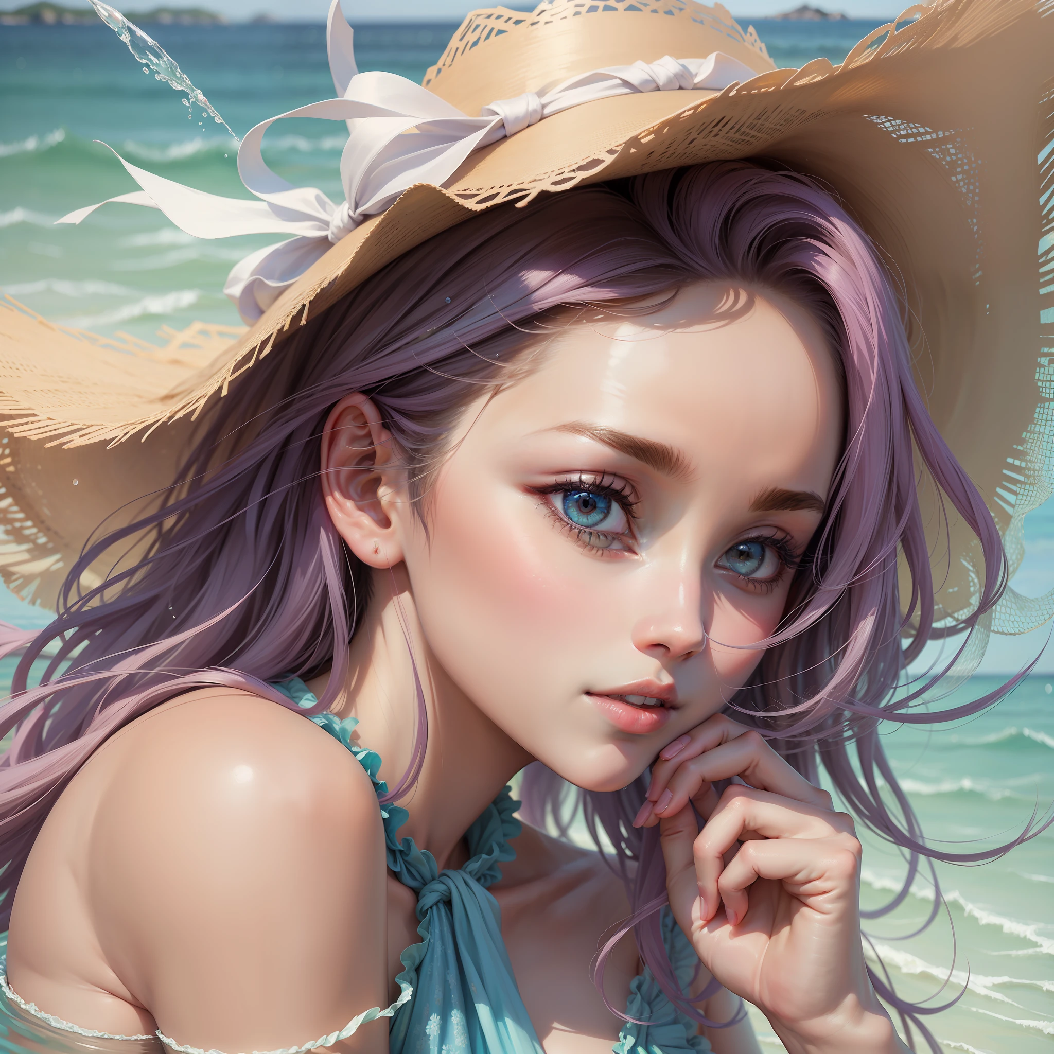 (Best Quality), (Masterpiece), (Beautiful Woman Portrait: 1.5), Sharp Focus, (Elegant Shades, Pastel Colors), Cute Look, Beautiful Face, Elegant Dress, Summer Sea Background, Colored Water