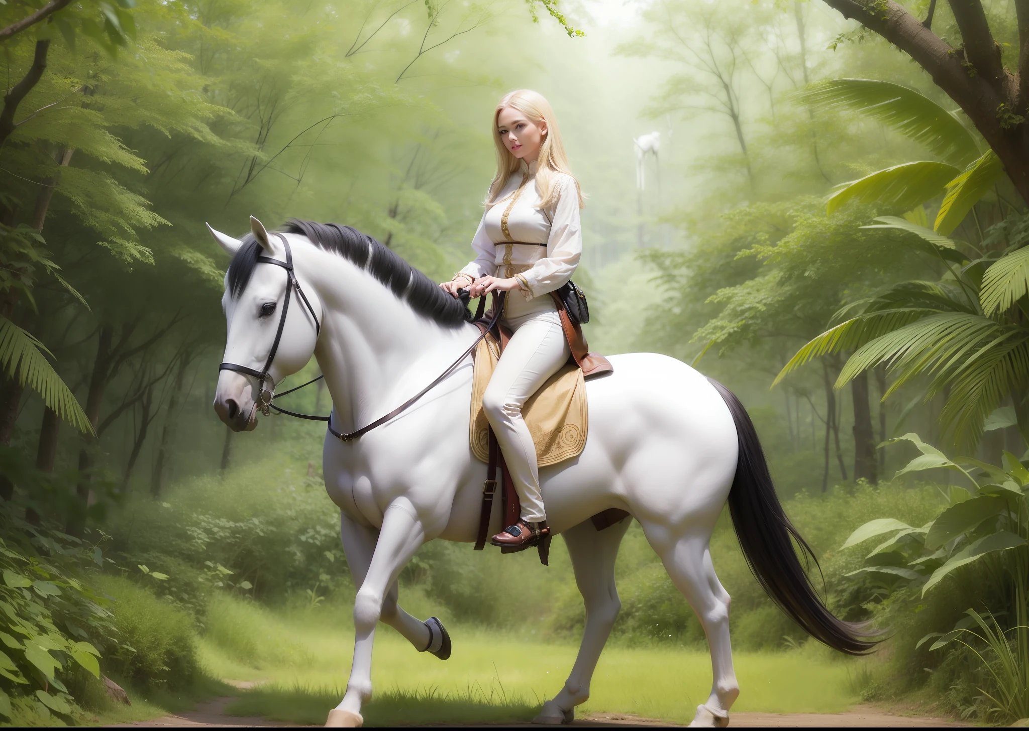 Blonde woman and white horse in jungle, full body