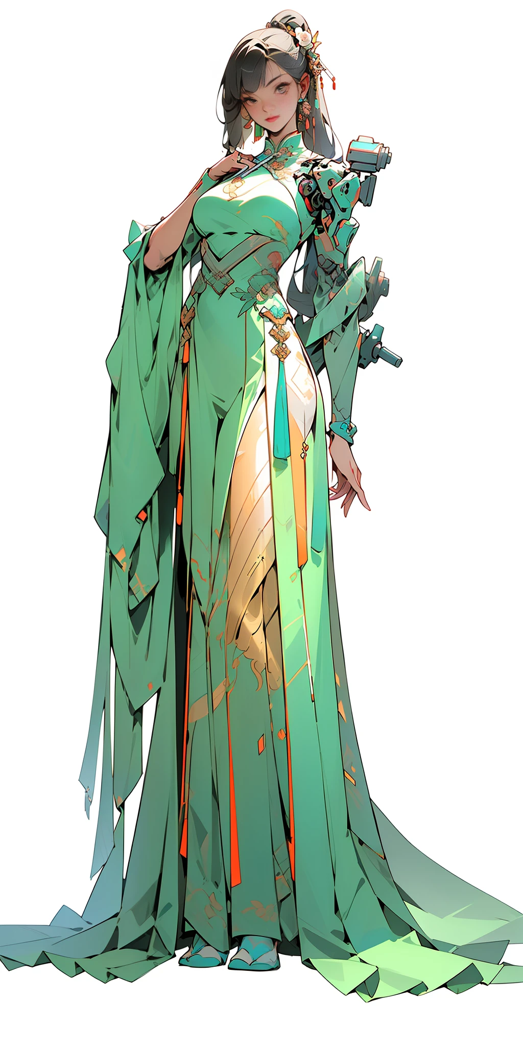 ((Cyberpunk style, robotic arm, holographic aura, surreal sci-fi art, futuristic sci-fi aesthetics)), 1 girl solo, close-up, (bright eyes), (ancient Chinese clothes, embroidered pleated skirt, embroidered collar Uesugi, large sleeves, streamers), (hairpins), (Hanfu), (clear facial features), (8k, RAW photos, best quality, masterpieces: 1.2), (realistic, photo realistic: 1.4), (very detailed CG Unity 8k wallpaper), full body, (Neon: 1.4)