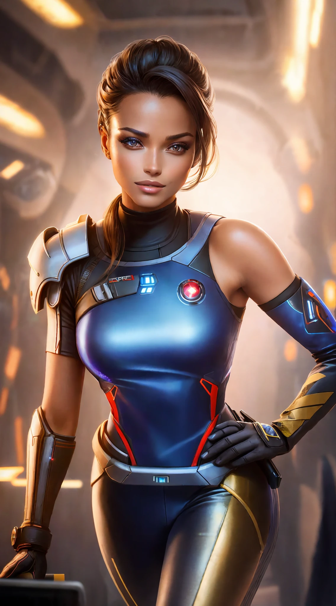 masterpiece, best quality, 8k, best shadows, perfect lights, HDR, realistic skin texture, (((hyper detailed background)))), realism: 1,2, 1 woman, she is Ella Balinska playing a spy, sexy, beautiful, beautiful, straight long hair, sleveless, olied skin, (realistic skin texture) ,perfect lights,prefectly detailed background inside a spaceship, futuristic, hight tech, onepiece hightech sexy armor, shoulders showing (inspired by mass effect), sleeveless,