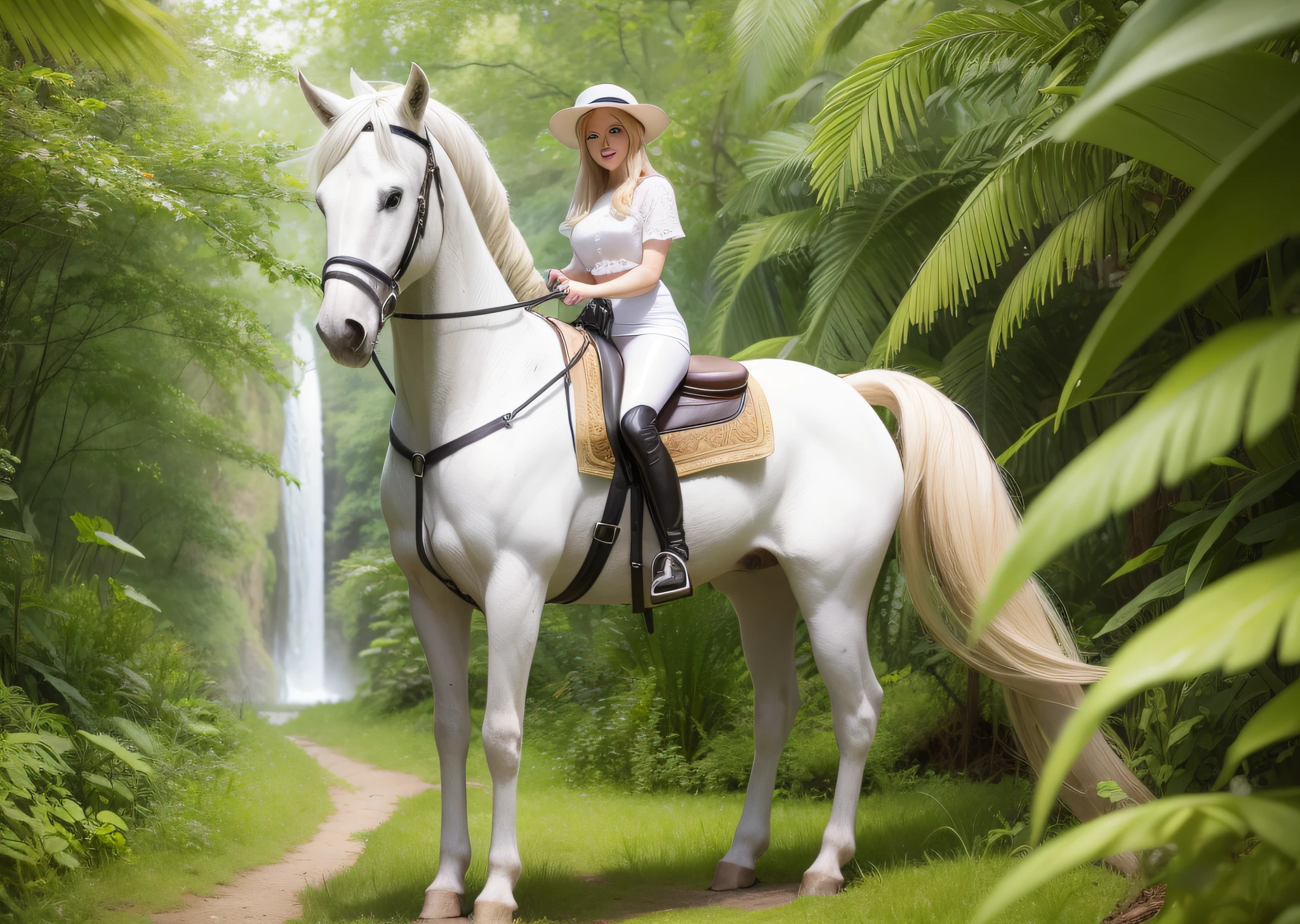 Blonde woman and white horse in jungle, full body