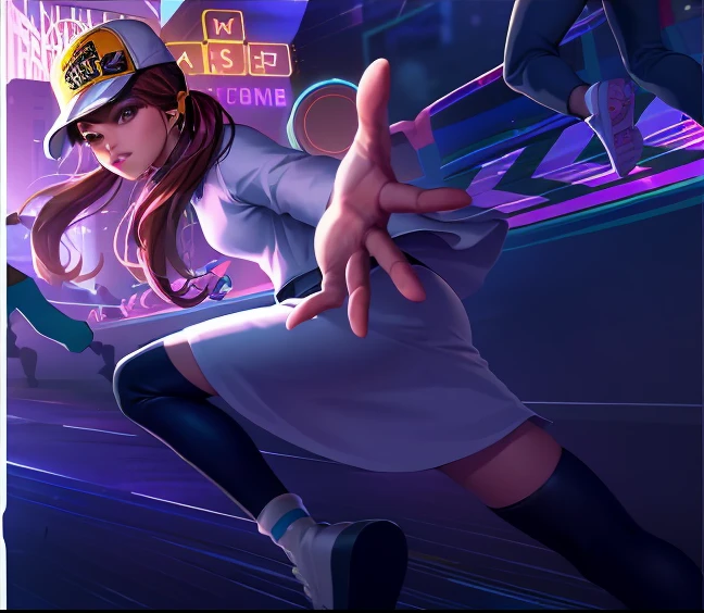 a close up of a person in a dress and hat on a skateboard, kda, kda and sam yang, style artgerm, range murata and artgerm, urban girl fanart, artgerm style, valentina remenar, style of artgerm, artgerm lau, akali, hero pose colorful city lighting