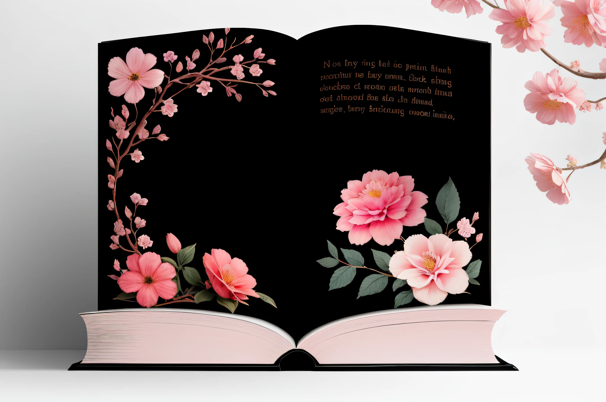 No human, book, realistic book shape, natural book shape, single book, blooming flowers from book, pink flowers, white flowers, pink theme, black background