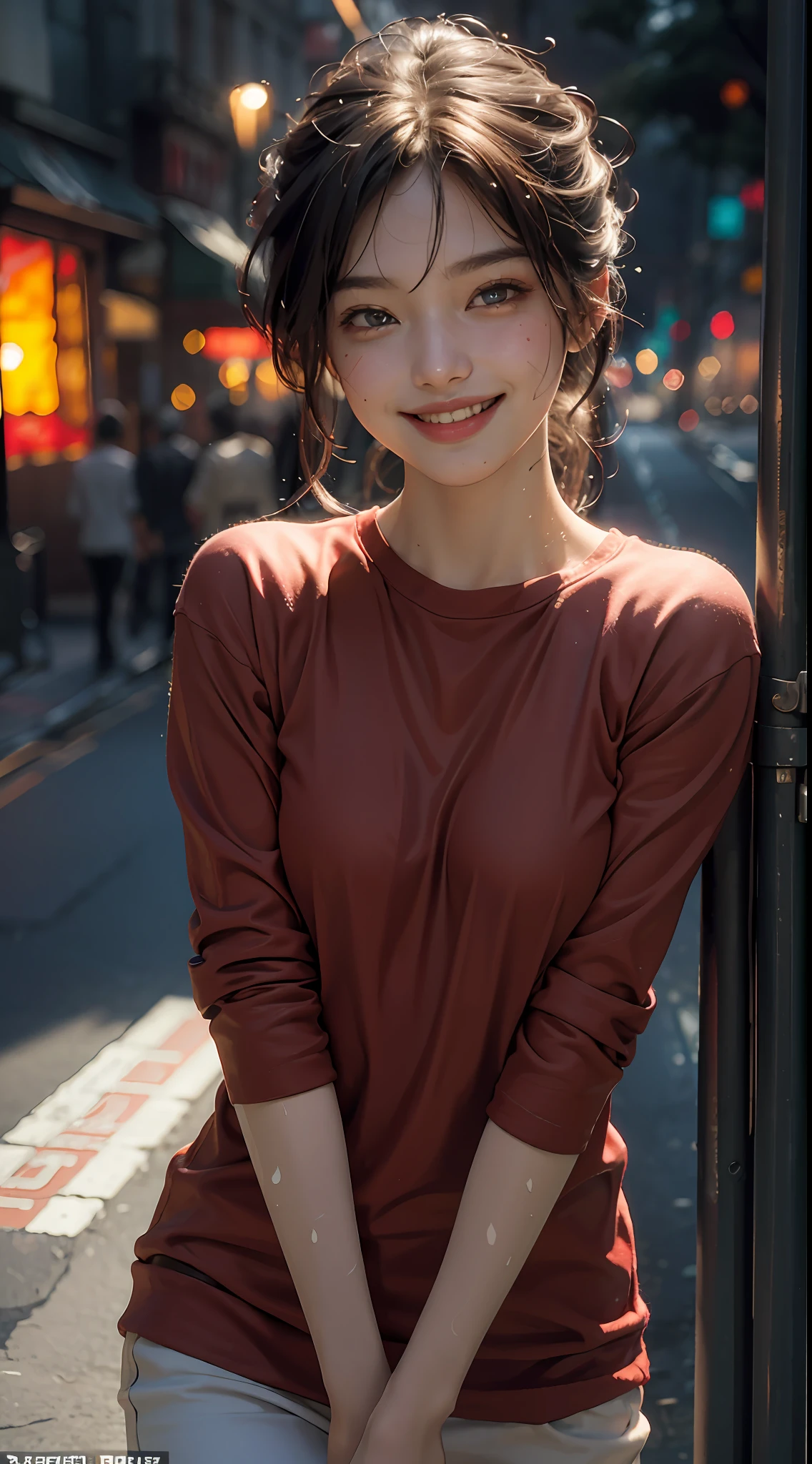 Top quality, masterpiece, ultra high definition, (Reality: 1.4), Original photo, 1Girl, cinematic lighting, smile, bright, photo-like, sweaty, face red, pose to take photo