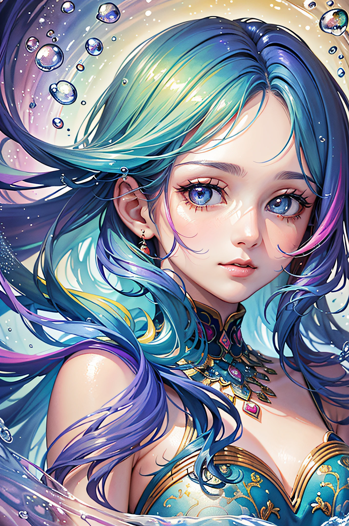(Masterpiece, Top Quality, Best Quality, Watercolor (Medium), Official Art, Beauty and Aesthetics: 1.2), (1girl: 1.3), (Fractal Art: 1.3), Close-up, Looking at the Viewer, (Rainbow Hair, Colored Hair,), In Water, Bubbles,