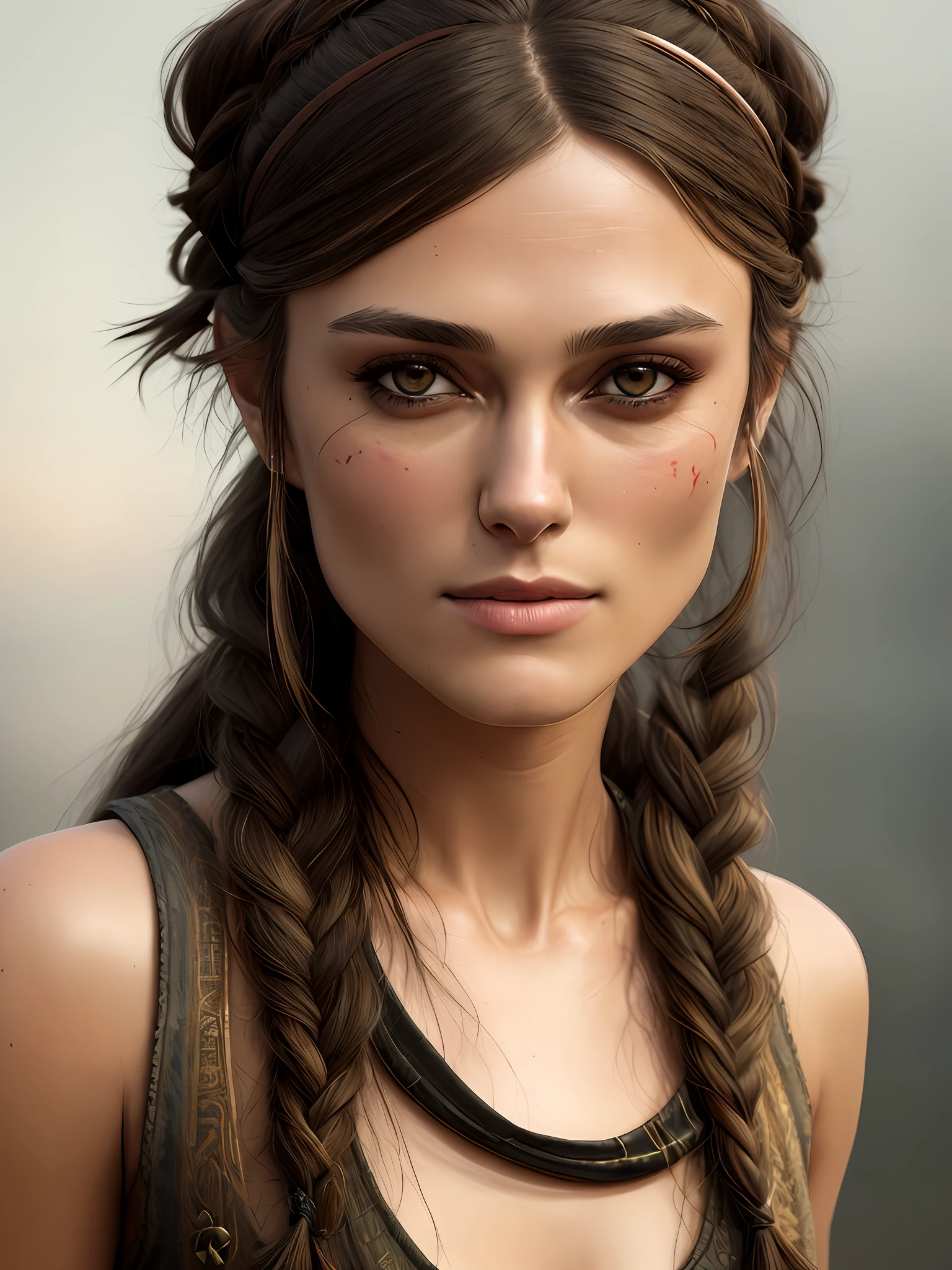 (masterpiece), best quality, expressive eyes, perfect face, a portrait photo, Keira Knightley, native, revealing clothes, indigenous, tribal, tribal clothing, natural skin texture, 24mm, 4k textures, dirty skin, soft cinematic light, adobe lightroom, photolab, smiling, bandana, detailed rain, detailed braided pigtails, tattoos, masterpiece, (beautiful detailed light brown eyes:1.1), best quality, illustration, (detailed lighting:1.2), (beautiful detailed glow:1.3), leather clothing, deep cleavage, intricate, digital painting, smooth, sharp focus, end of the world, epic realistic, (hdr:1.4), (muted colors:1.4), neutral colors, night, screen space refractions, (intricate details, hyperdetailed:1.3), cinematic shot, vignette, sea ship deck background, native battle background, dim colors, vampire hunter