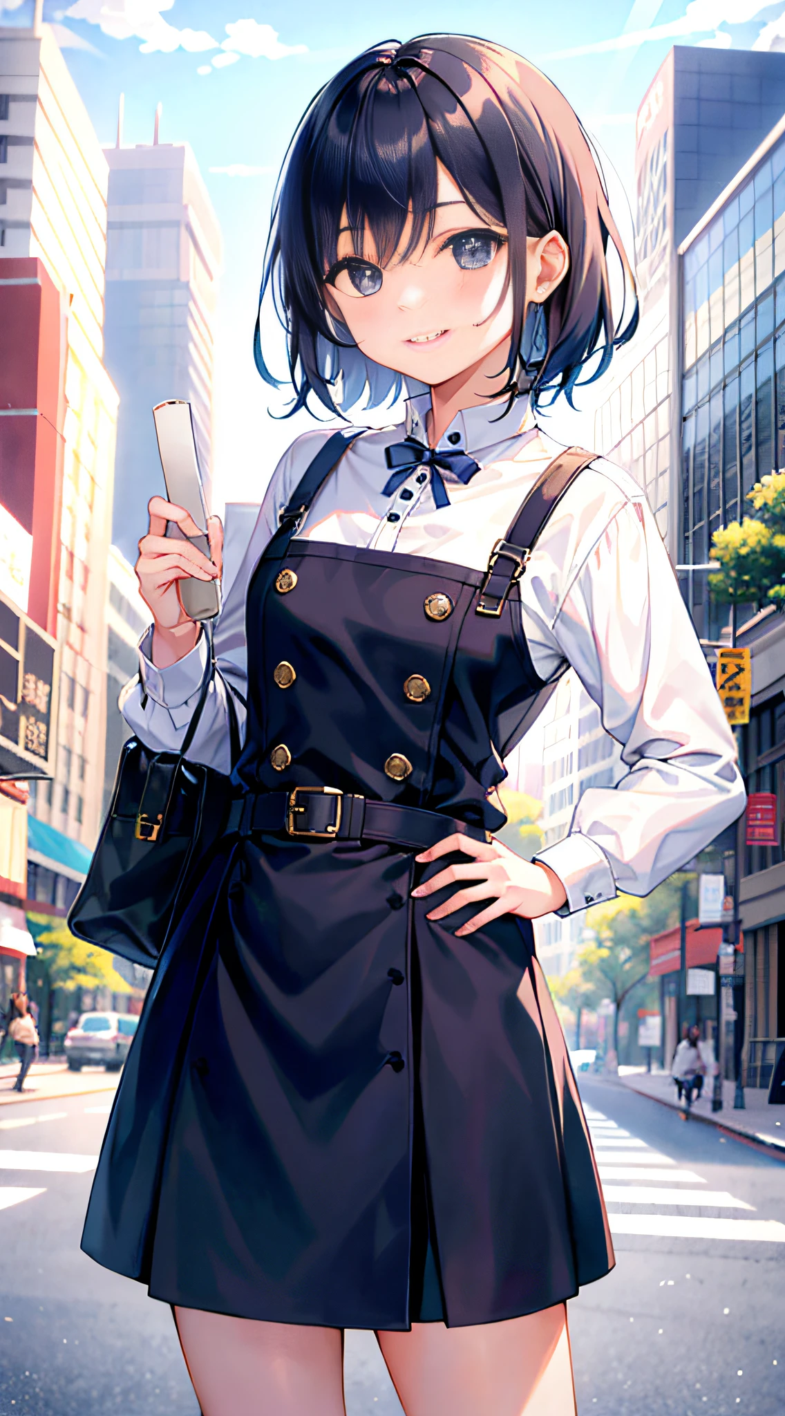 (morning), 1girl, 独奏, 看着观众, winter, cowboy shot, (downtown), cowboy shot, smile, black hair