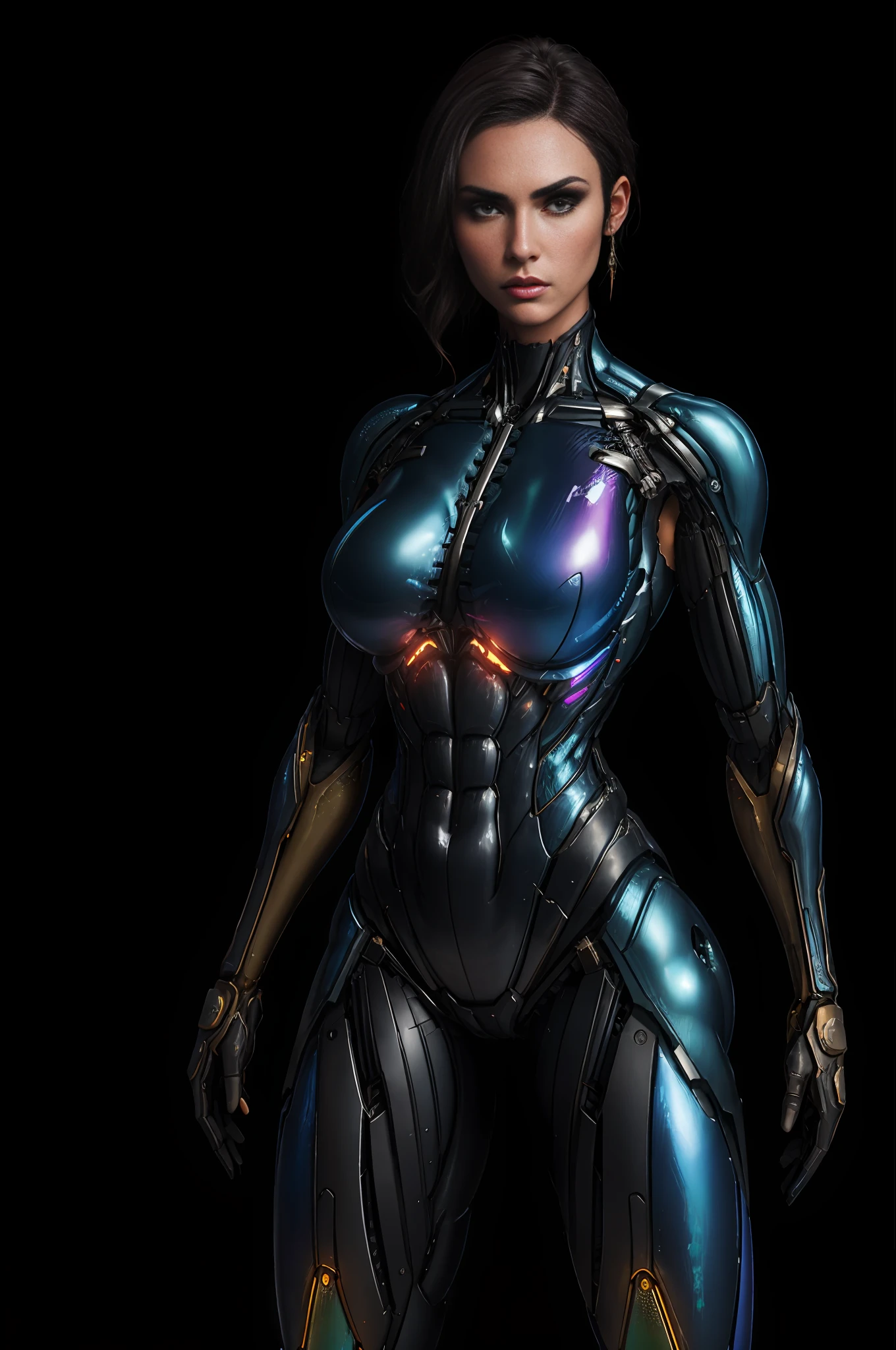 RAW, 1girl, colorful, full body shot, holographic nanosuit, fight scene, in combat, armed assault, effortless, fighting, muzzle flash, (masterpiece, best quality), (detailed skin:1.3, detailed face:1.3), dslr, realistic, looking at viewer, sharp focus, delicate, soft colors, cinematic lighting, lean girl, large breasts:1.4, dark background, citiscape in the background, bokeh