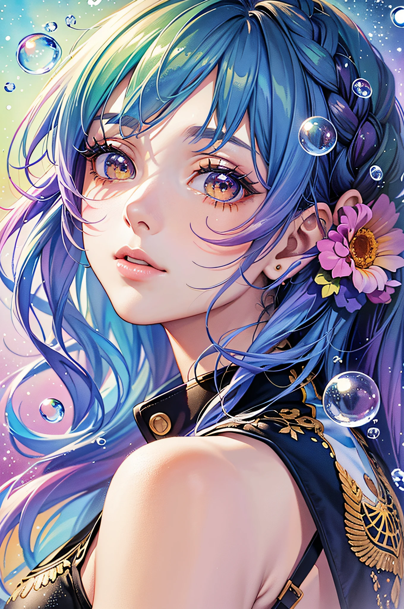 (Masterpiece, Top Quality, Best Quality, Watercolor (Medium), Official Art, Beauty and Aesthetics: 1.2), (1girl: 1.3), (Fractal Art: 1.3), Looking at the Viewer, Patterns, (Rainbow Hair, Colored Hair), Bubbles, Wet Hair, Marine,