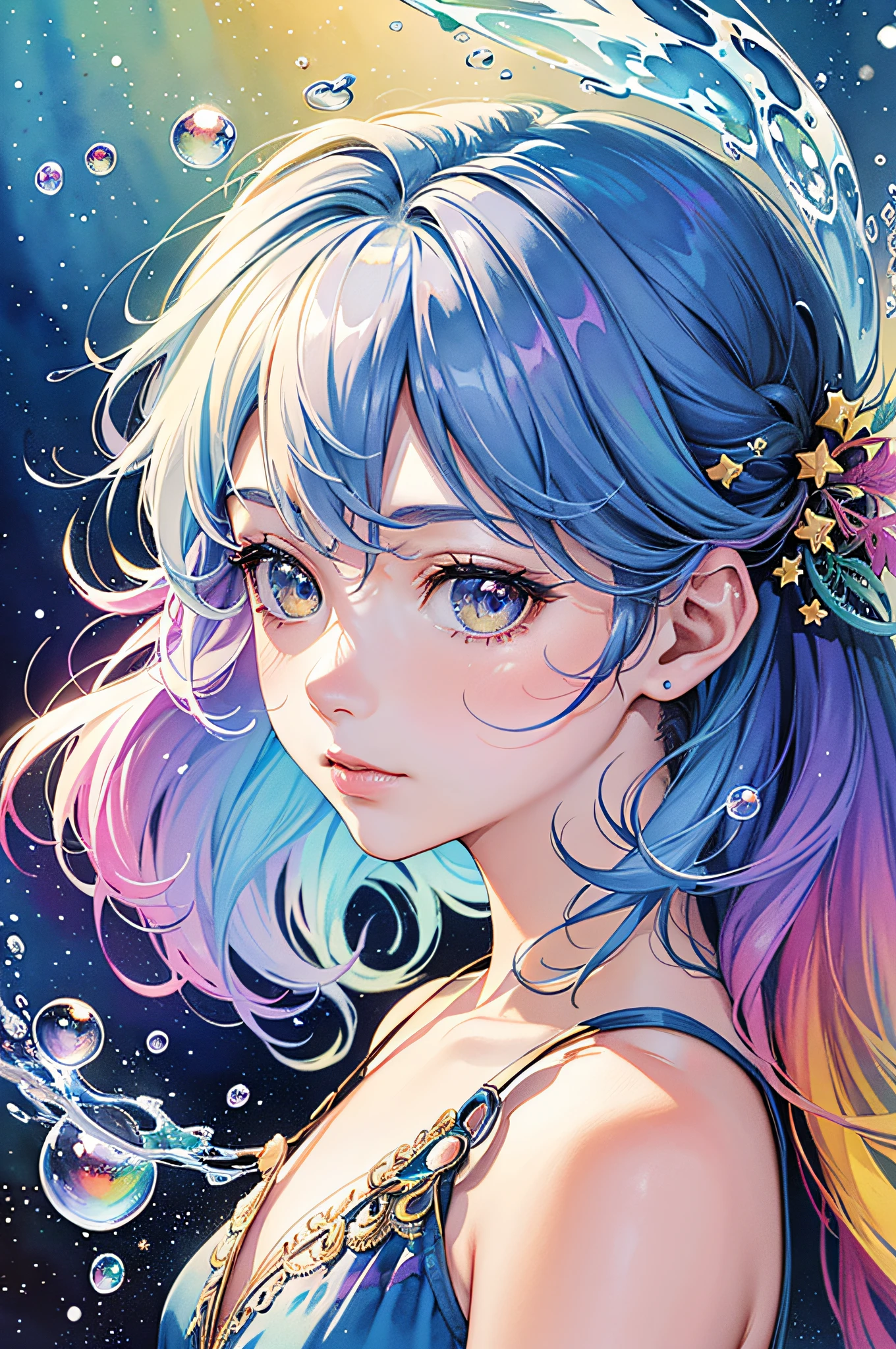 (Masterpiece, Top Quality, Best Quality, Watercolor (Medium), Official Art, Beauty and Aesthetics: 1.2), (1girl: 1.3), (Fractal Art: 1.3), Looking at the Viewer, Patterns, (Rainbow Hair, Colored Hair), Bubbles, Wet Hair, Marine,