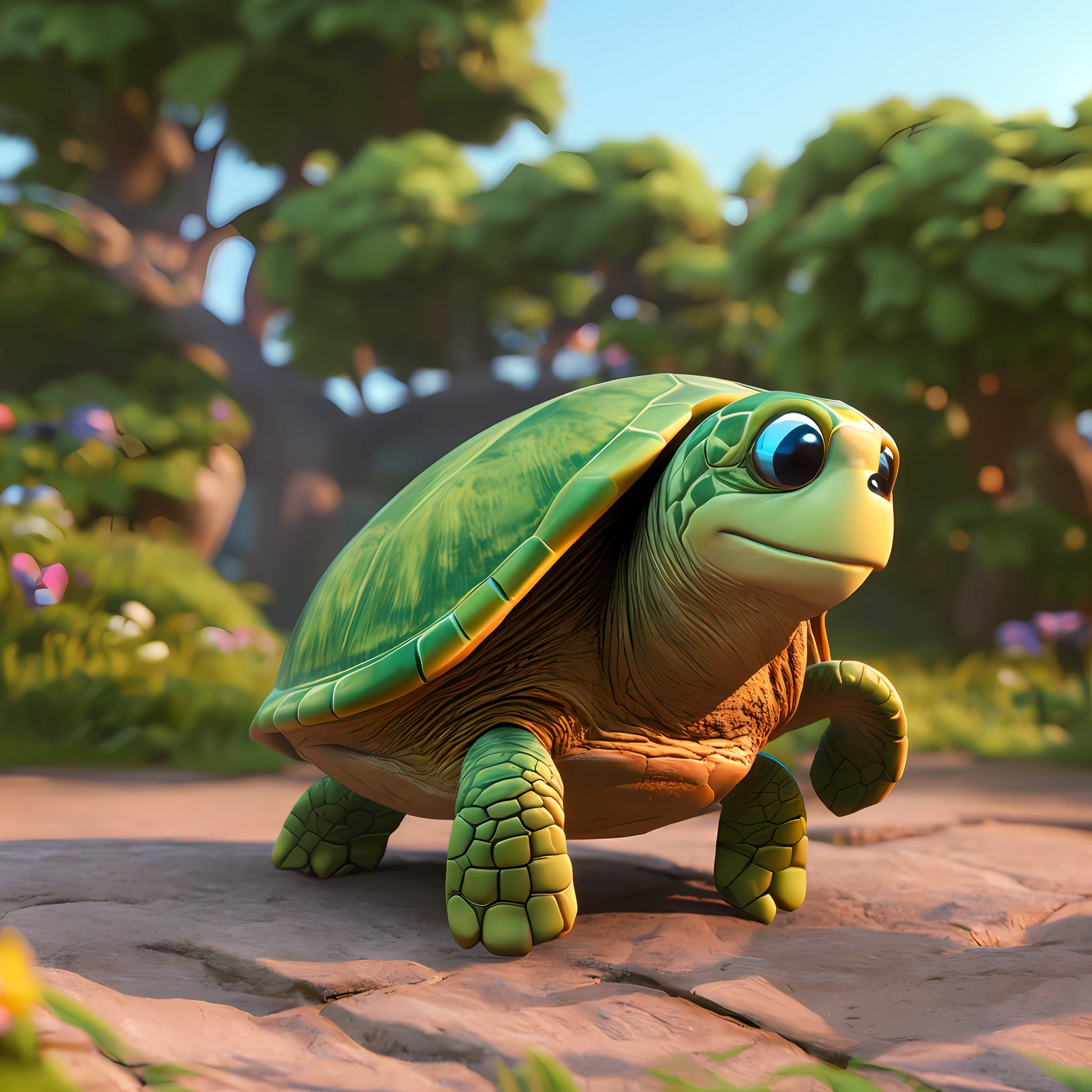 Cute adorable turtle that greets you with a smile, Unreal Engine, cozy outdoors, art station, detailed digital painting, cinematic, character design by Mark Raiden, Pixar, Hayao Miyazaki, Unreal 5, DAZ, Hyperrealistic, Octane Lender, 3DMDT1, (smile)