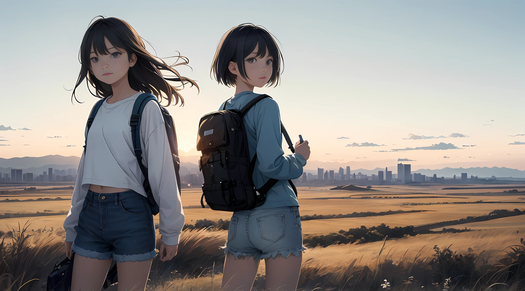 Vast sky, beautiful skyline, wide grasslands, very tense and dramatic pictures, moving visual effects, hanging high Polaris, colorful natural glare. Girl with camera, girl in long-sleeved top, denim shorts and side backpack depicting girl looking beyond small in the center