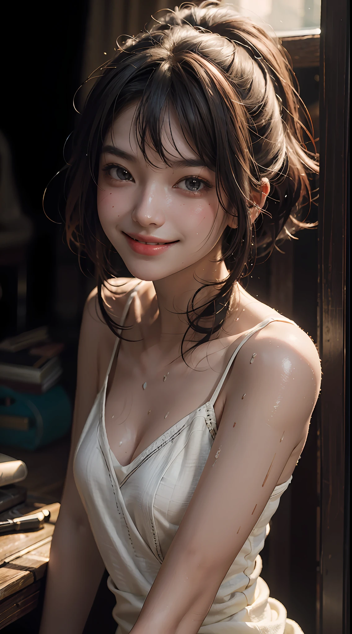 Top quality, masterpiece, ultra high definition, (Reality: 1.4), Original photo, 1Girl, cinematic lighting, smile, bright, photo-like, sweaty, face red, pose to take photo